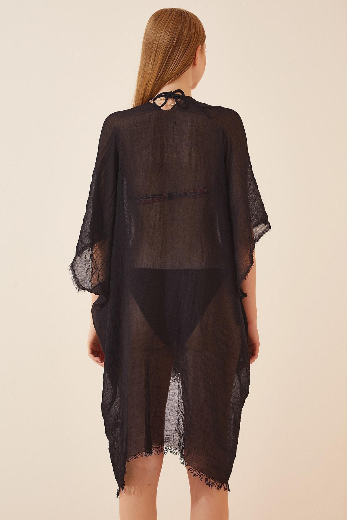 Happiness Istanbul - Black Cotton V-Neck Kimono