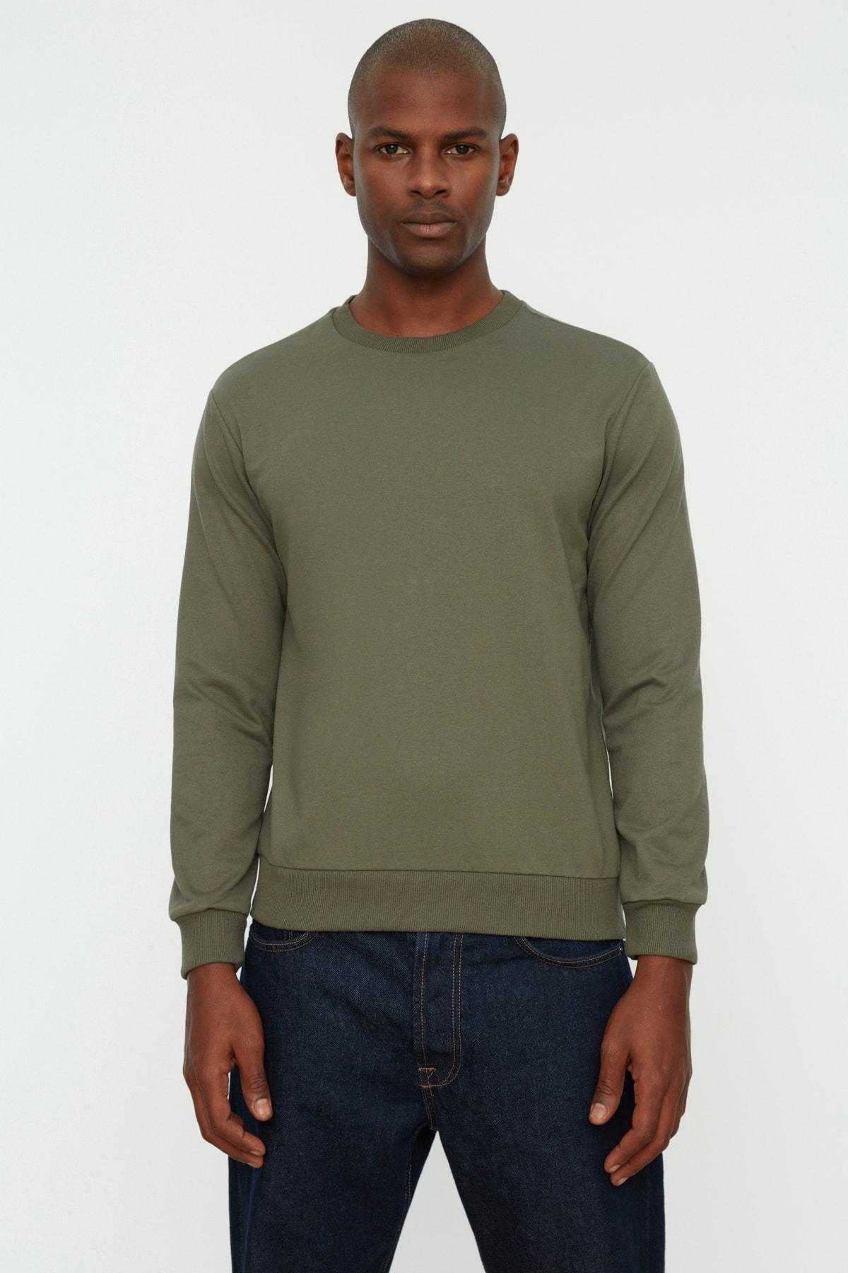 Green Crew Neck Sweatshirt, Khaki, medium