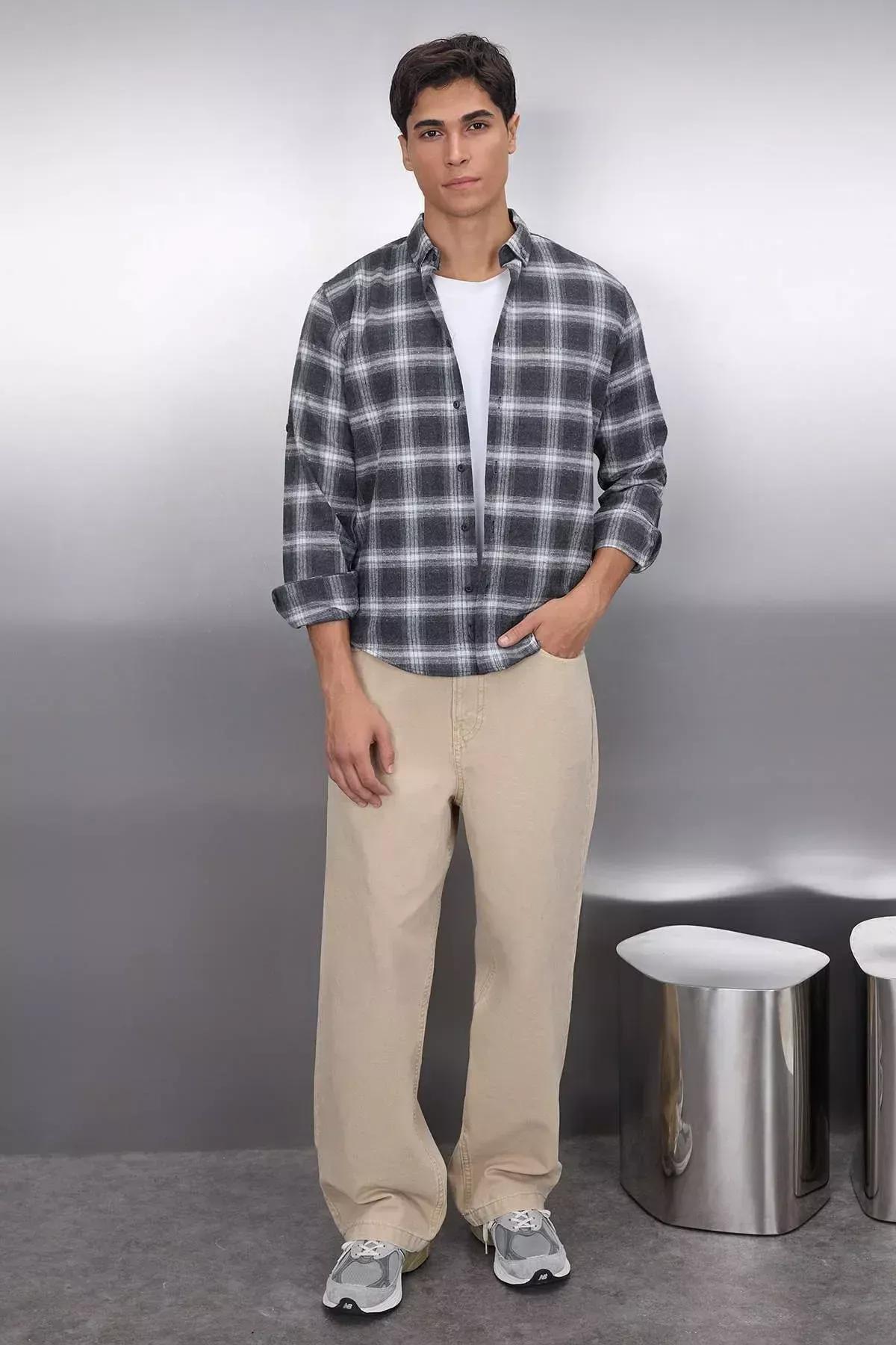 Grey Slim Button Placket Shirt, , large image number 1