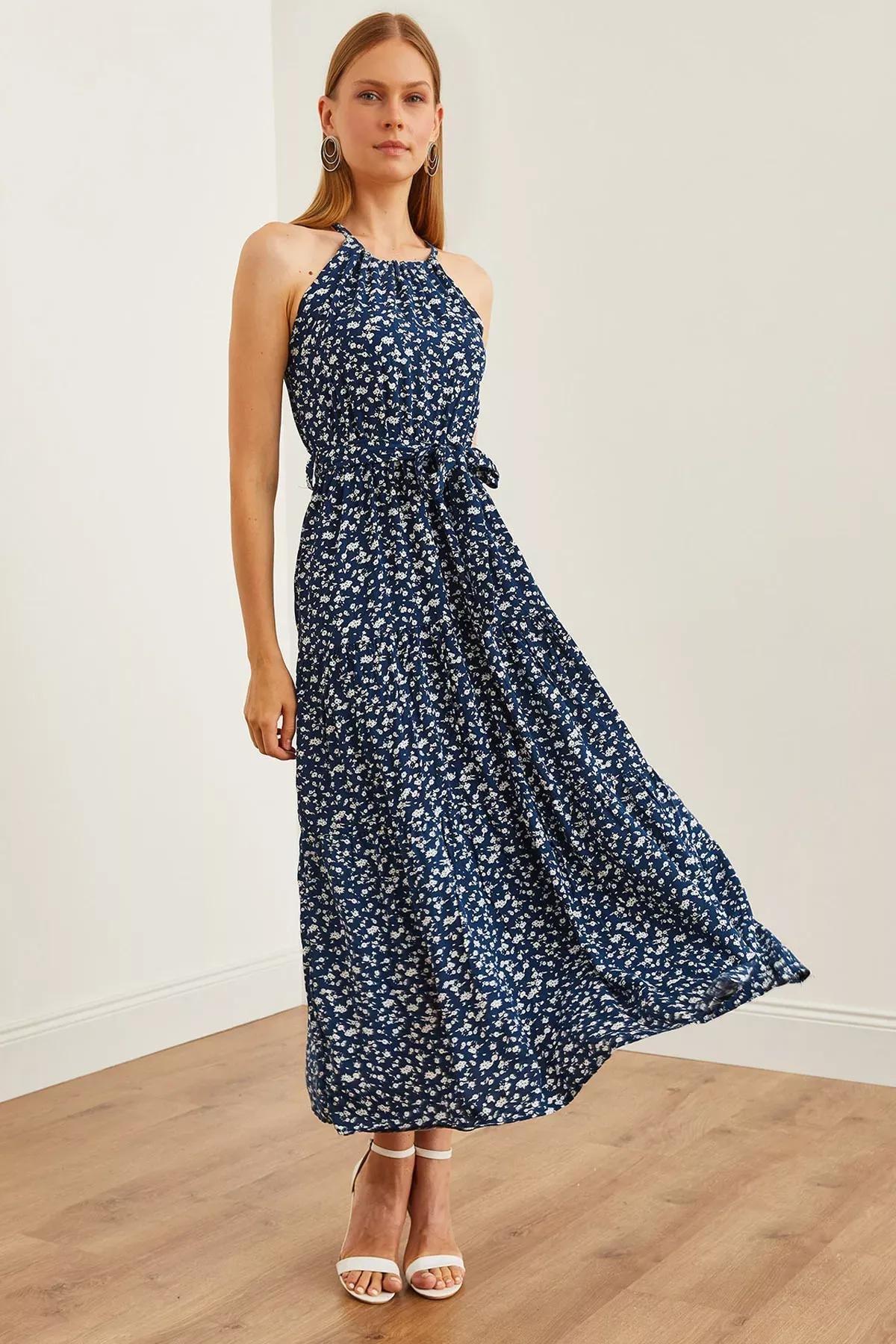 Navy Floral Halter Dress, Navy Blue Floral, large image number 0