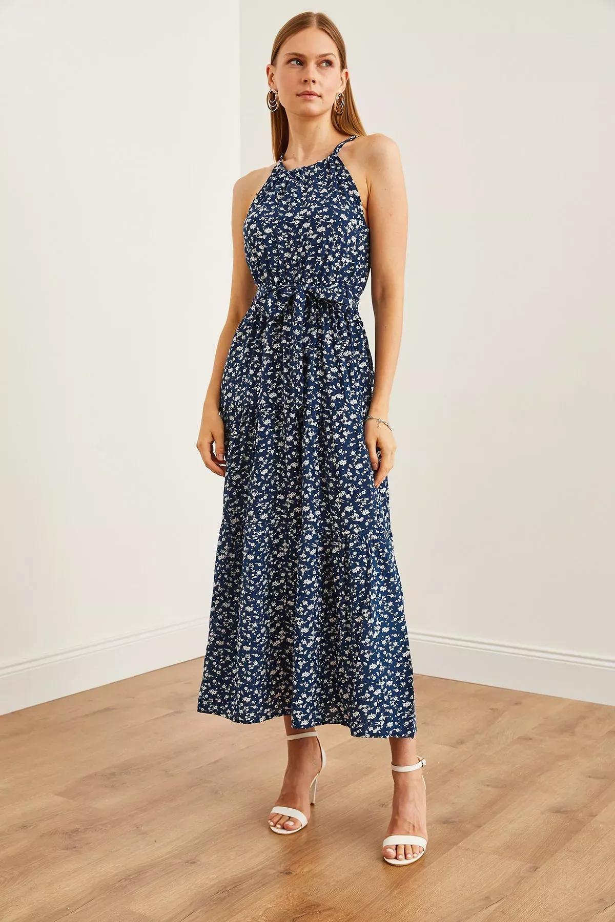 Navy Floral Halter Dress, Navy Blue Floral, large image number 1