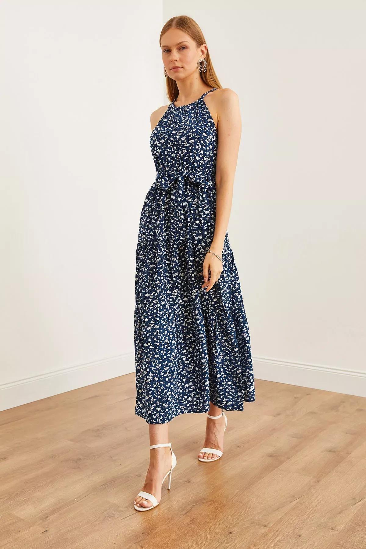 Navy Floral Halter Dress, Navy Blue Floral, large image number 2