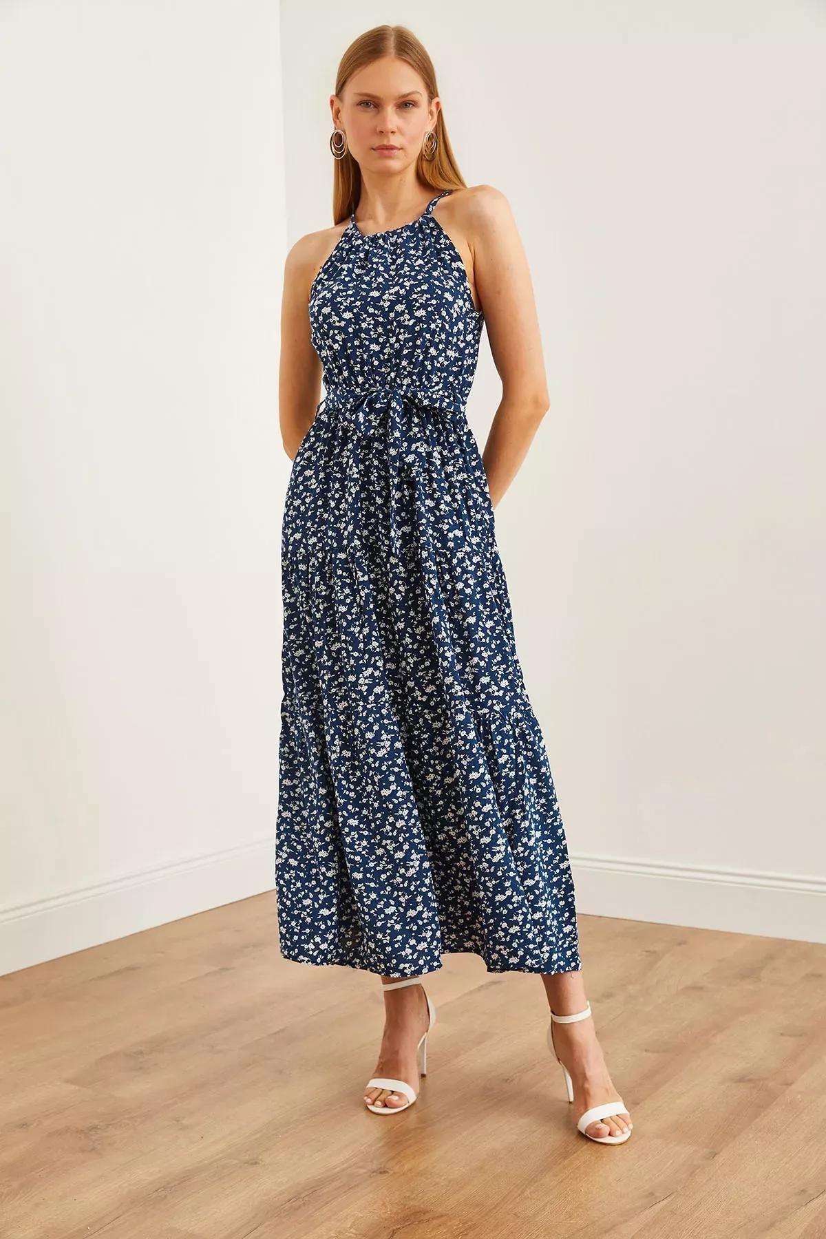 Navy Floral Halter Dress, Navy Blue Floral, large image number 3