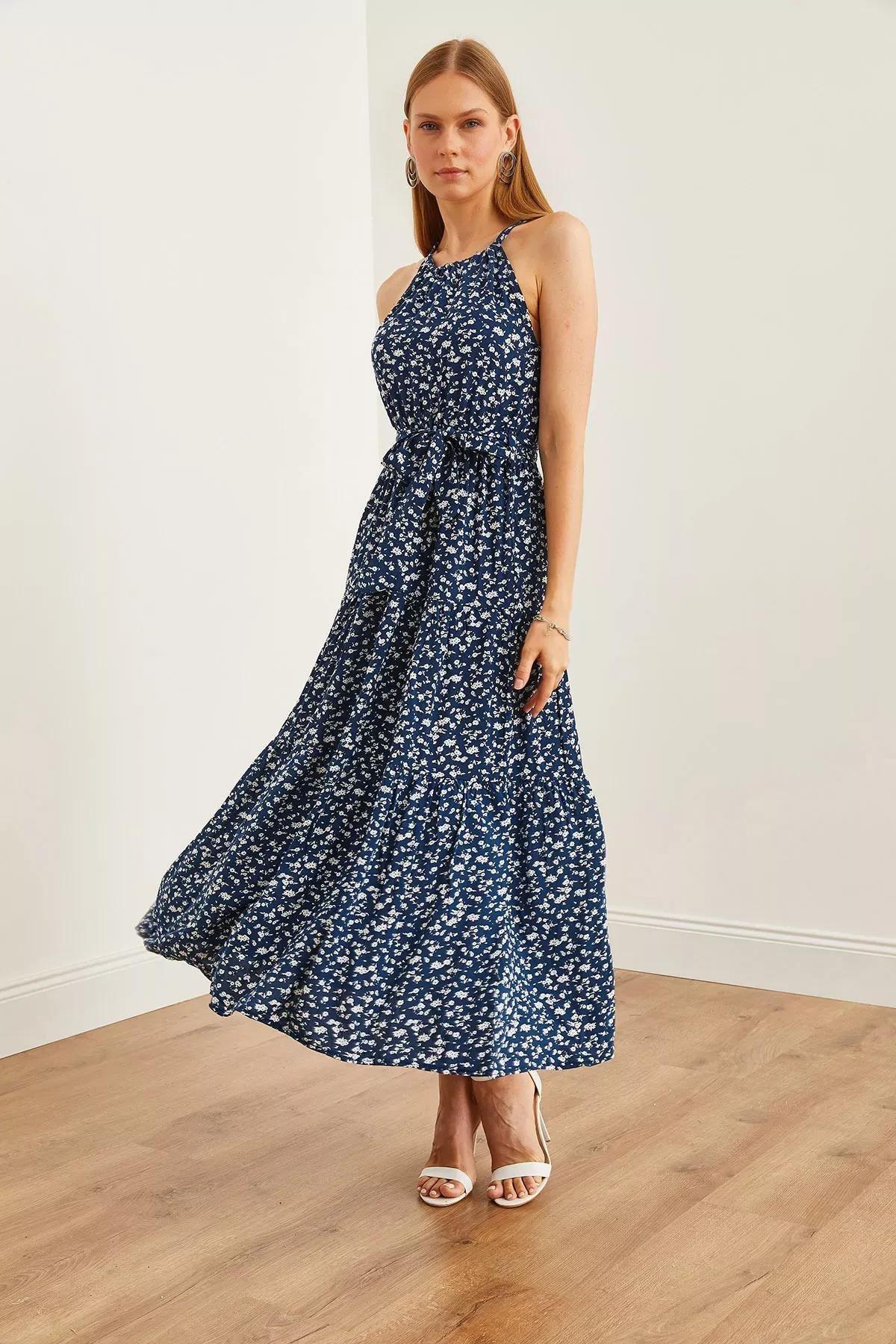 Navy Floral Halter Dress, Navy Blue Floral, large image number 4