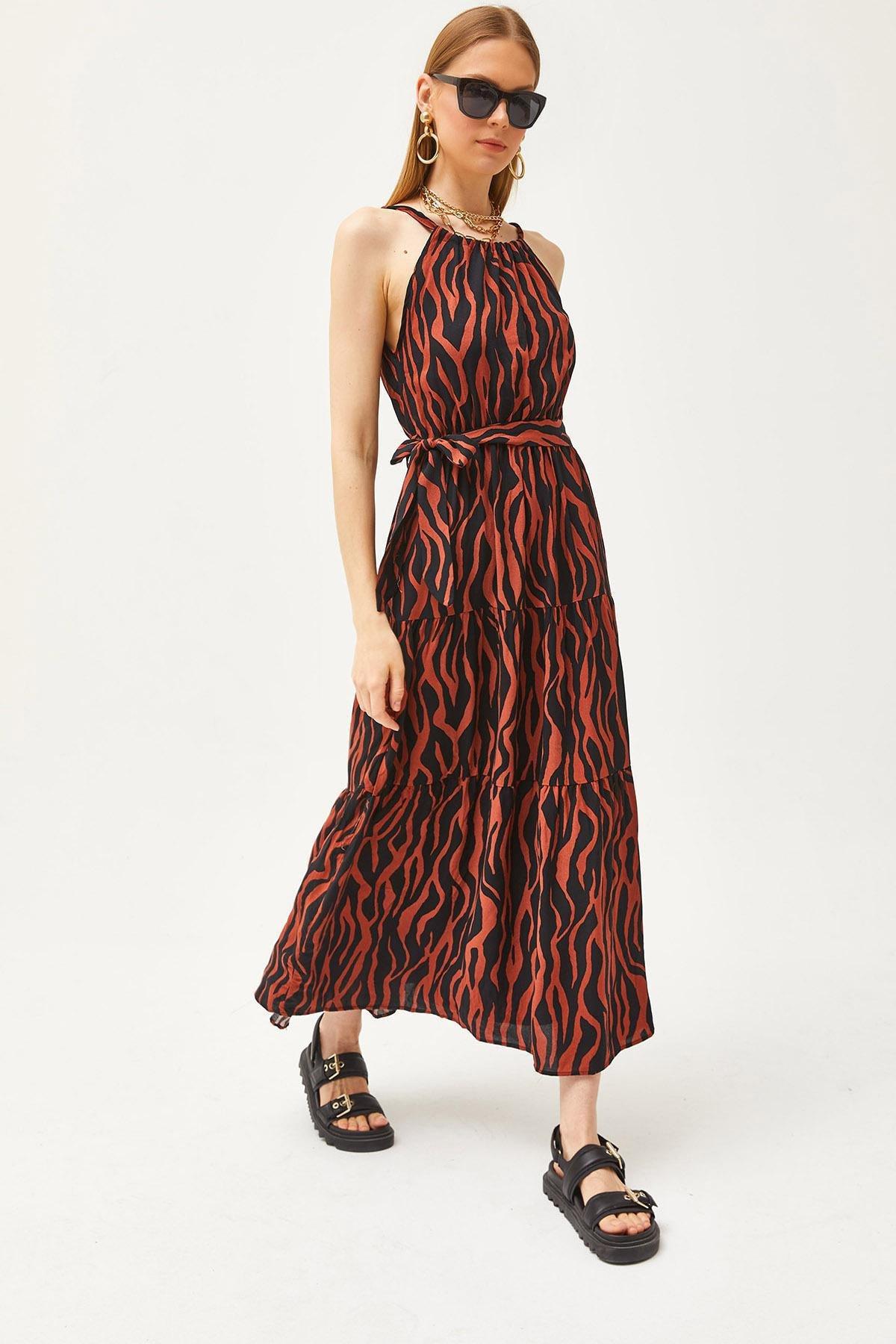 Multicolour Animal Print Halter Neck Belted Dress, , large image number 0