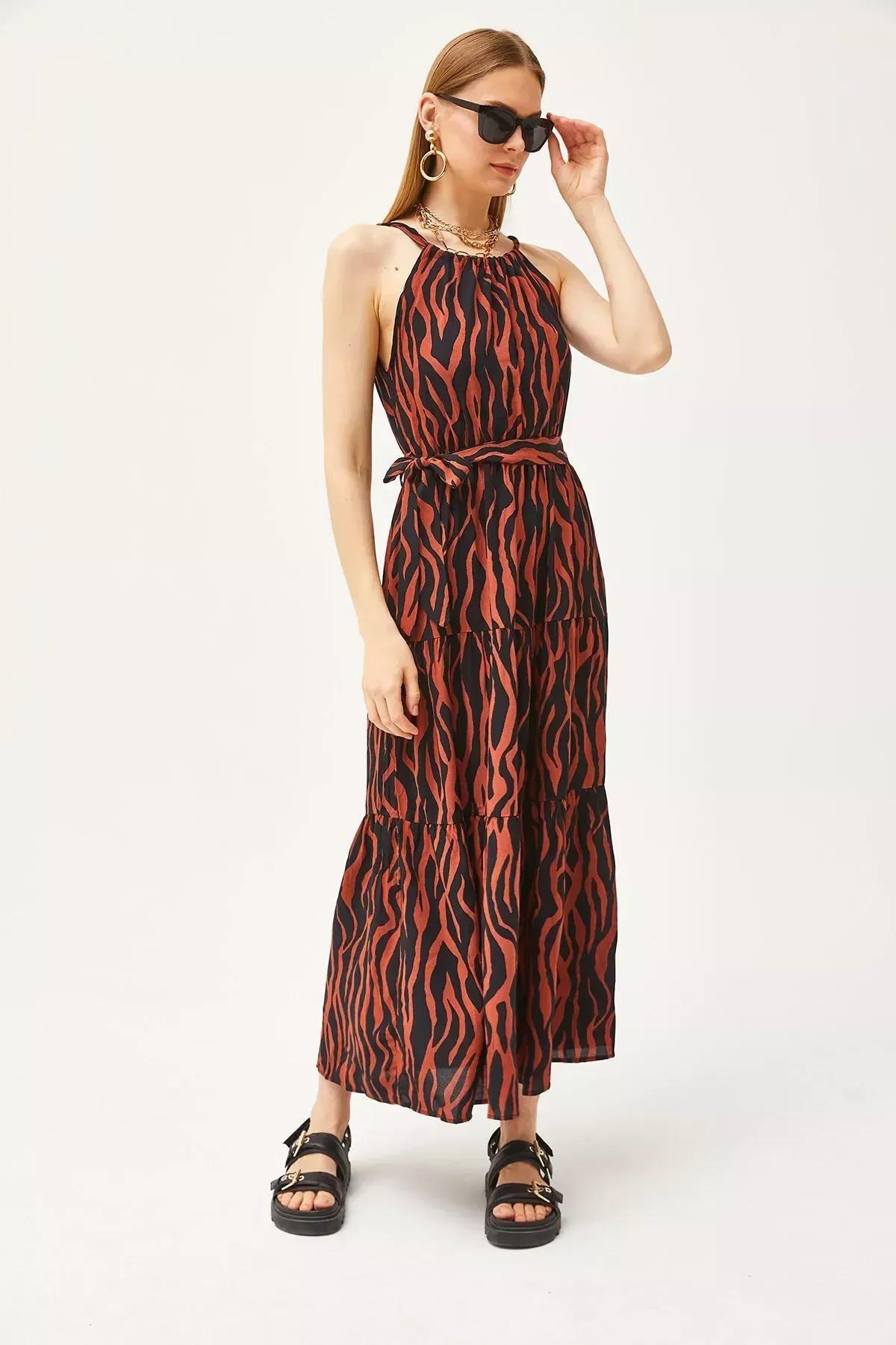 Multicolour Animal Print Halter Neck Belted Dress, , large image number 1