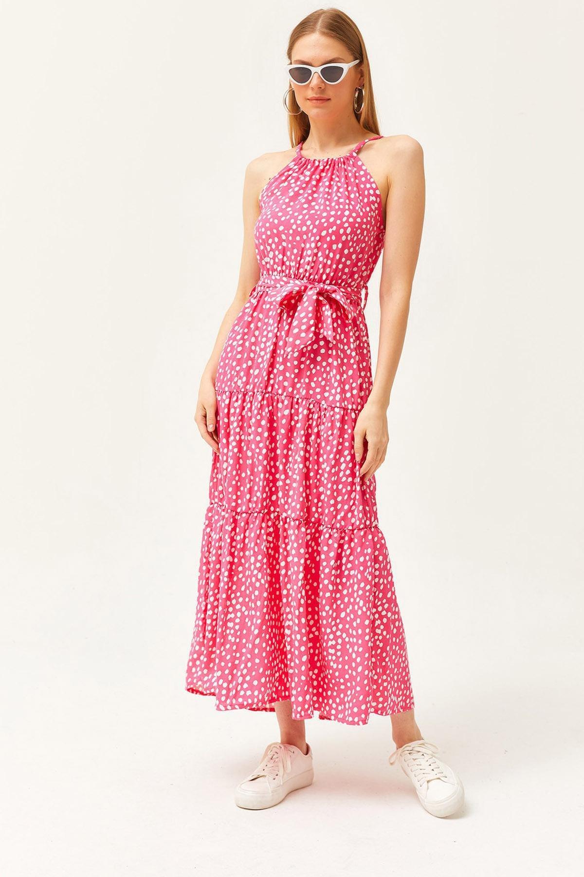 Pink Polka Dot Pink Belted Dress, , medium