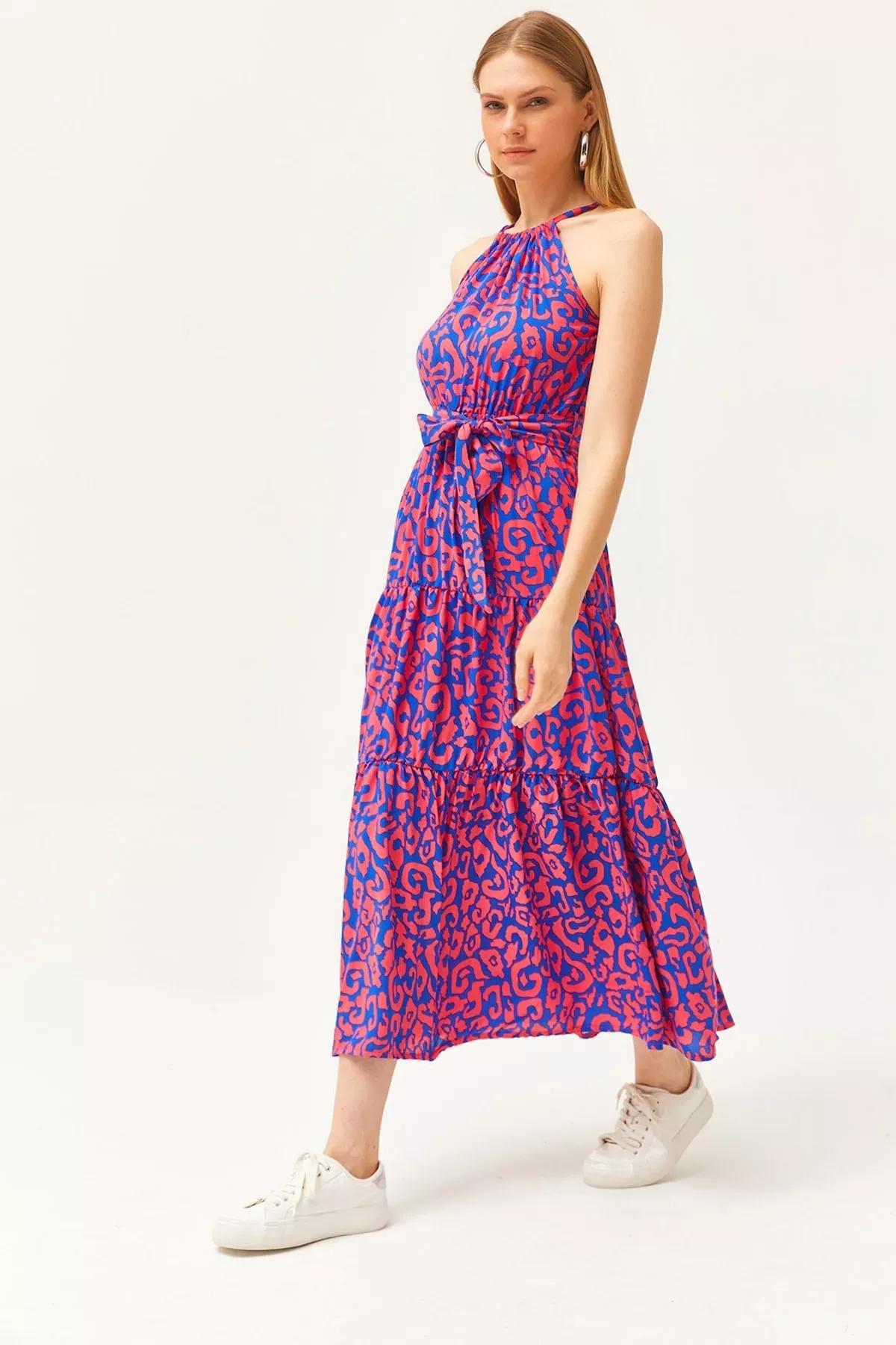 Pink Blue Ethnic Halter Dress, , large image number 0
