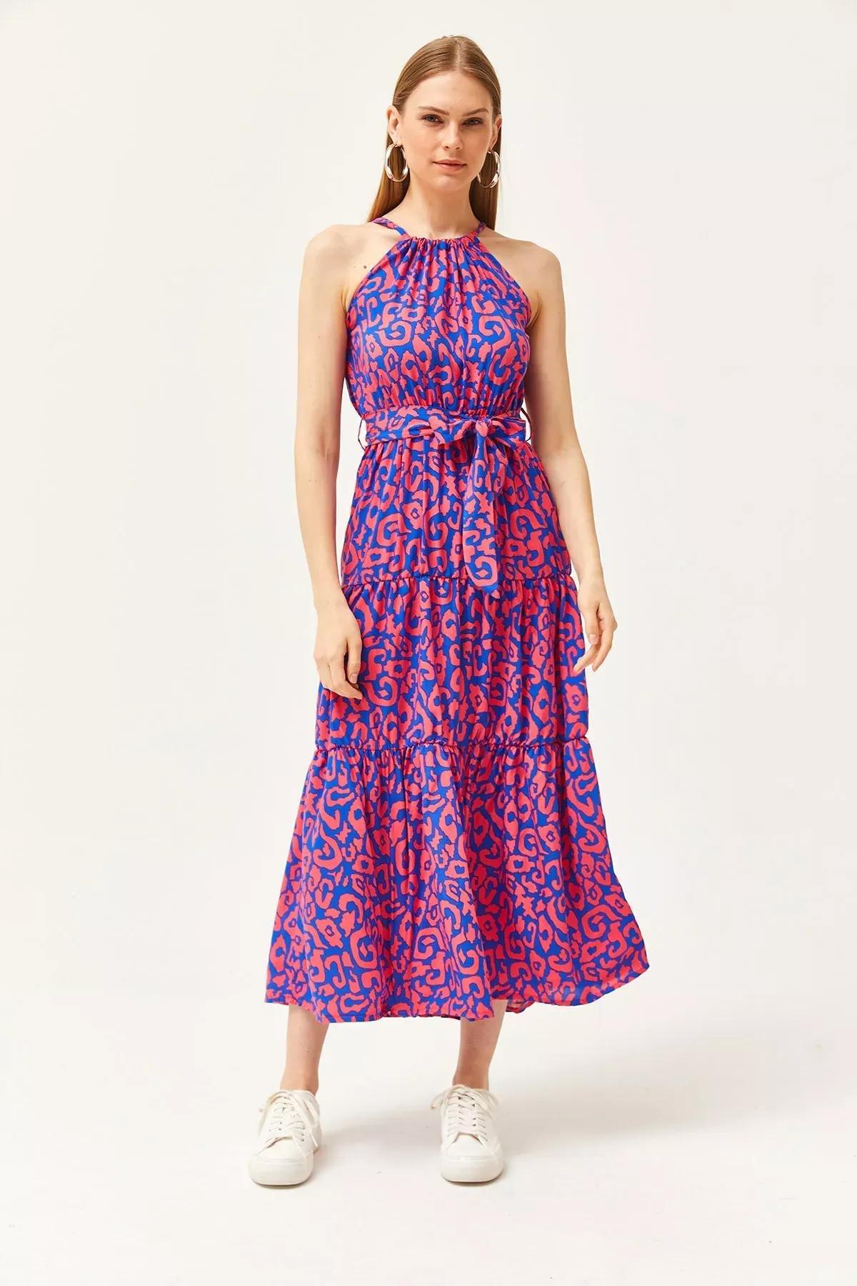 Pink Blue Ethnic Halter Dress, , large image number 1