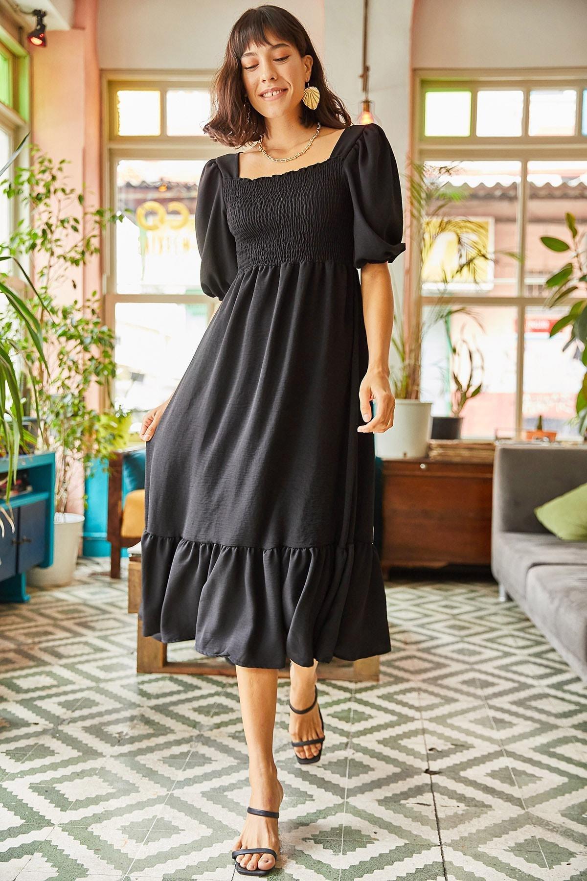 Black Gippe Square Collar Bodrum Dress, , large image number 1
