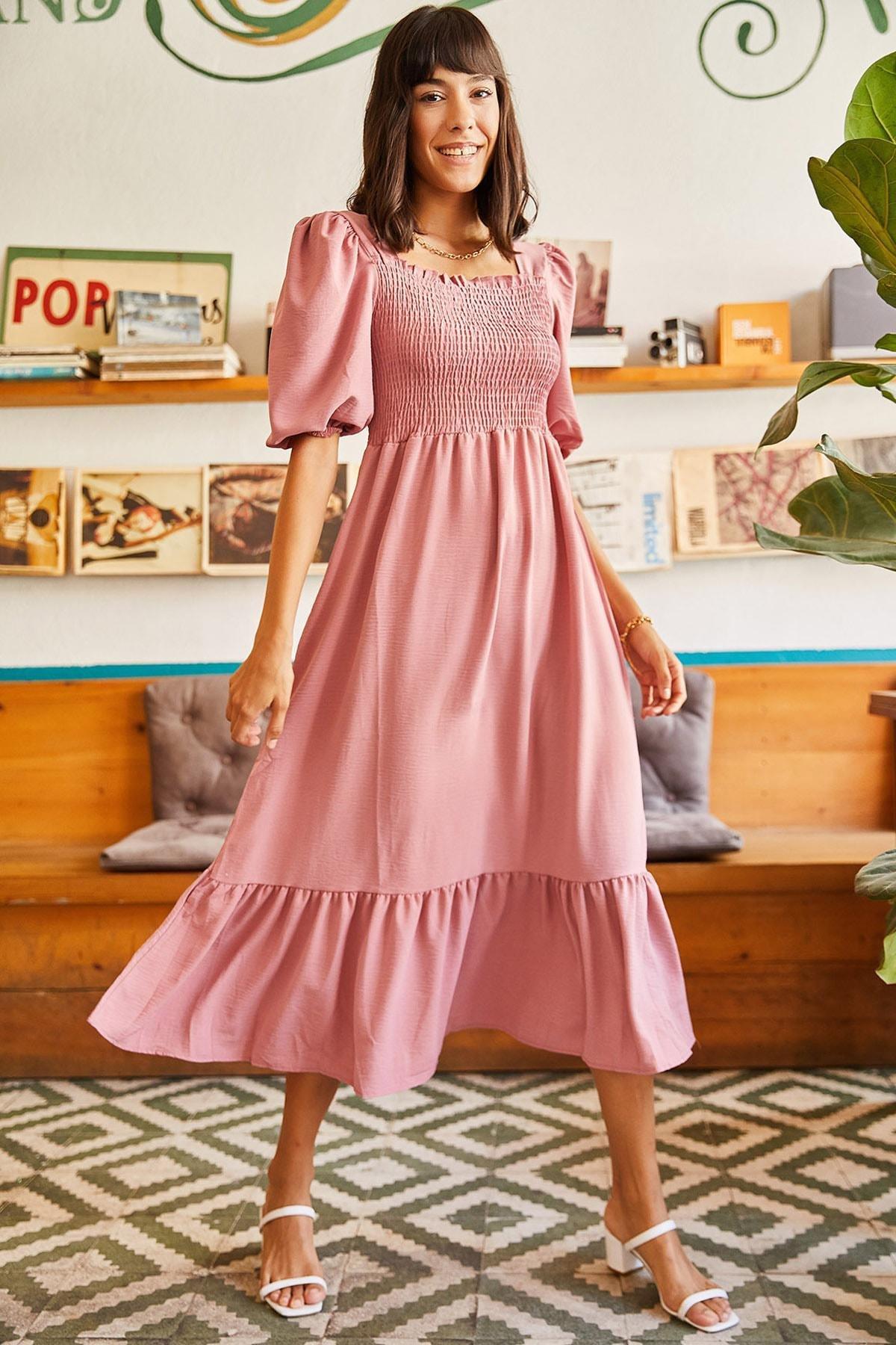 Pink Square Collar Dress, POWDER, medium