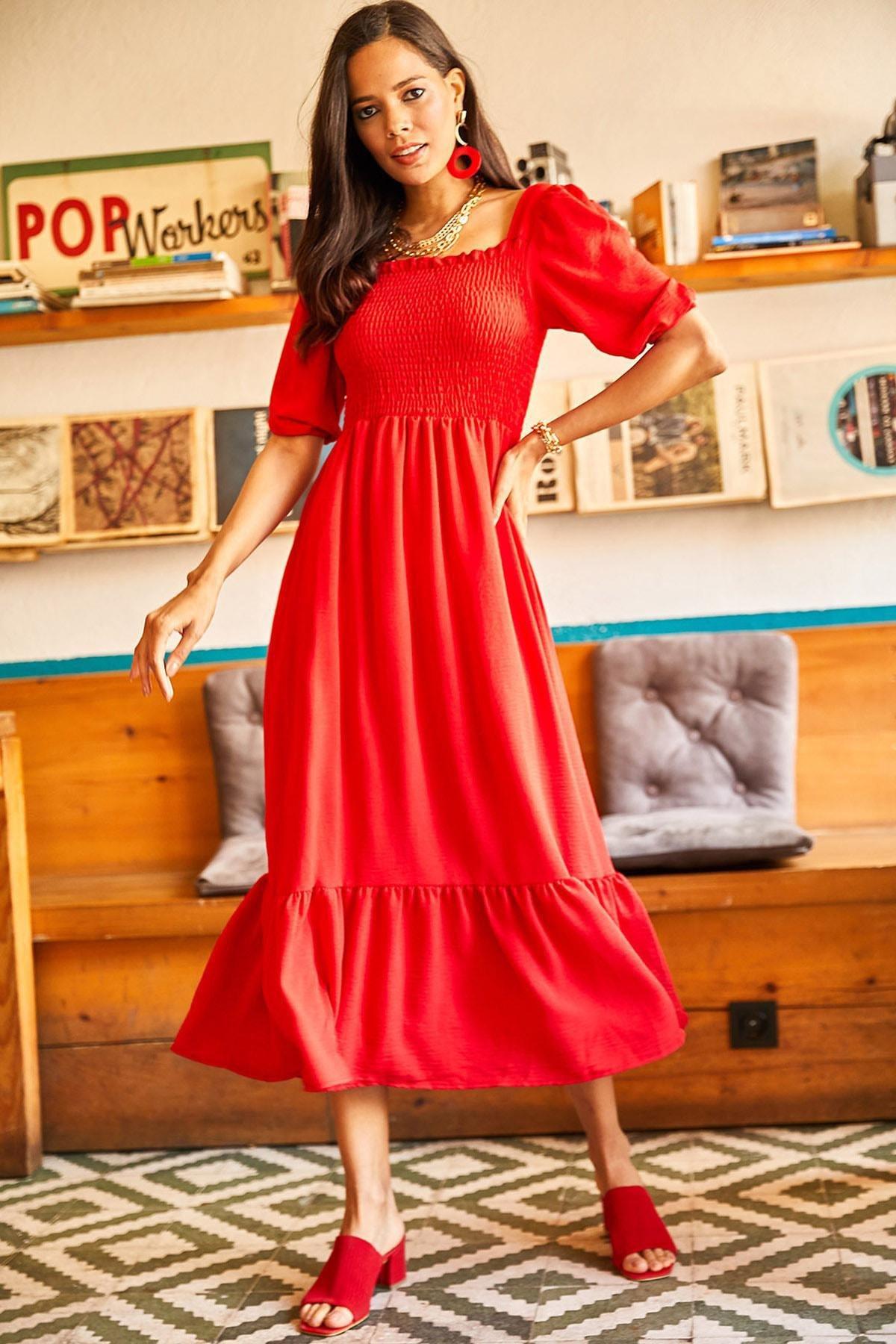 Red Top Gimped Square Neck Dress, , large image number 0