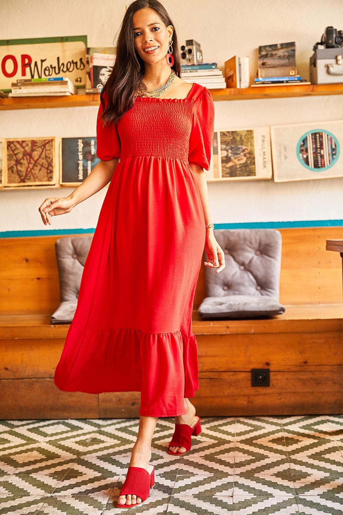 Red Top Gimped Square Neck Dress, , large image number 1