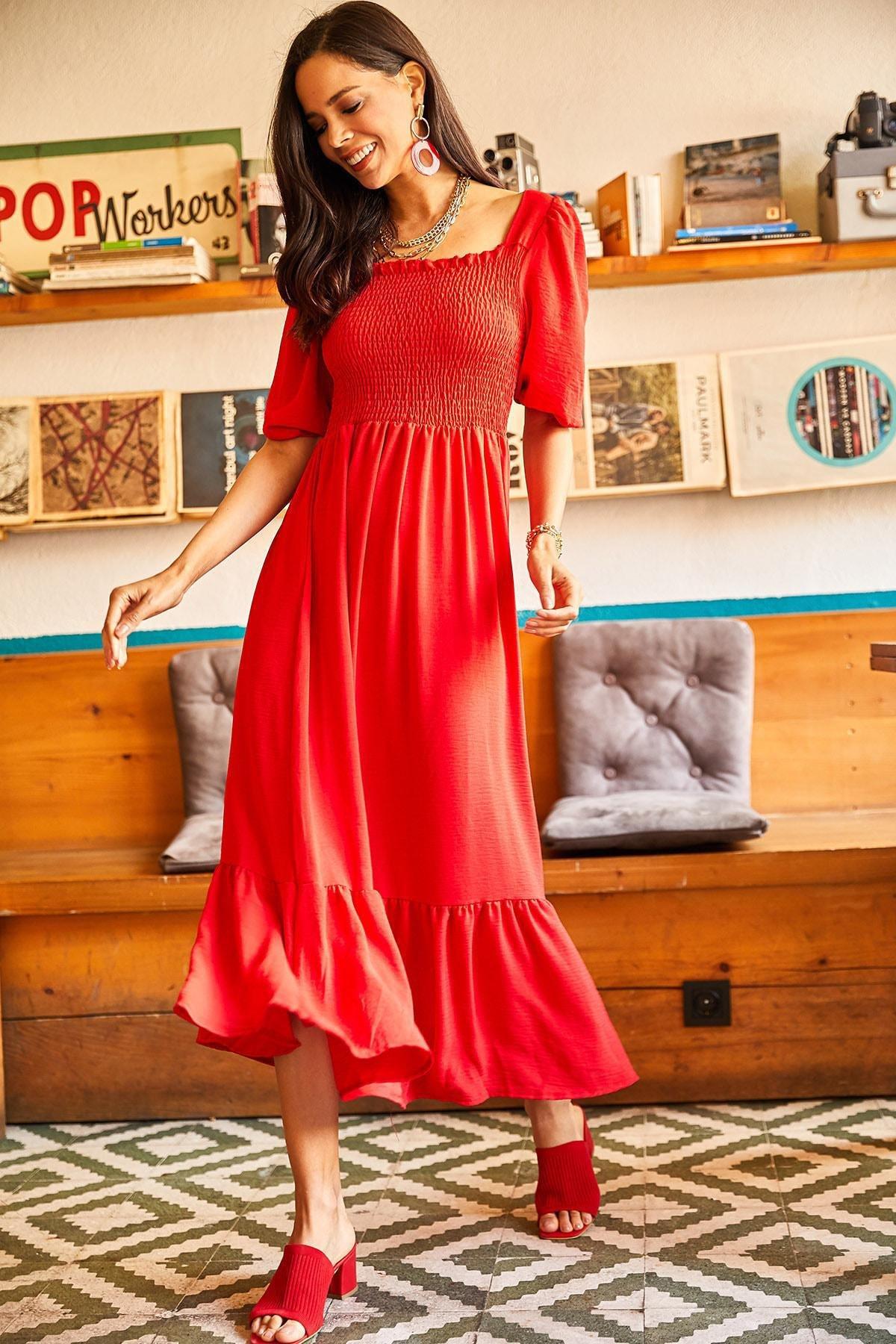 Red Top Gimped Square Neck Dress, , large image number 2