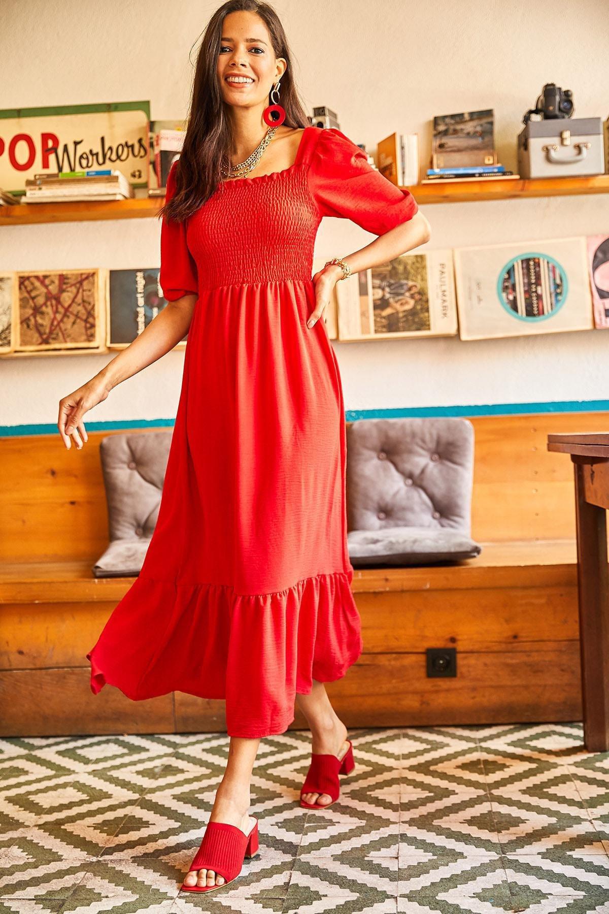 Red Top Gimped Square Neck Dress, , large image number 3