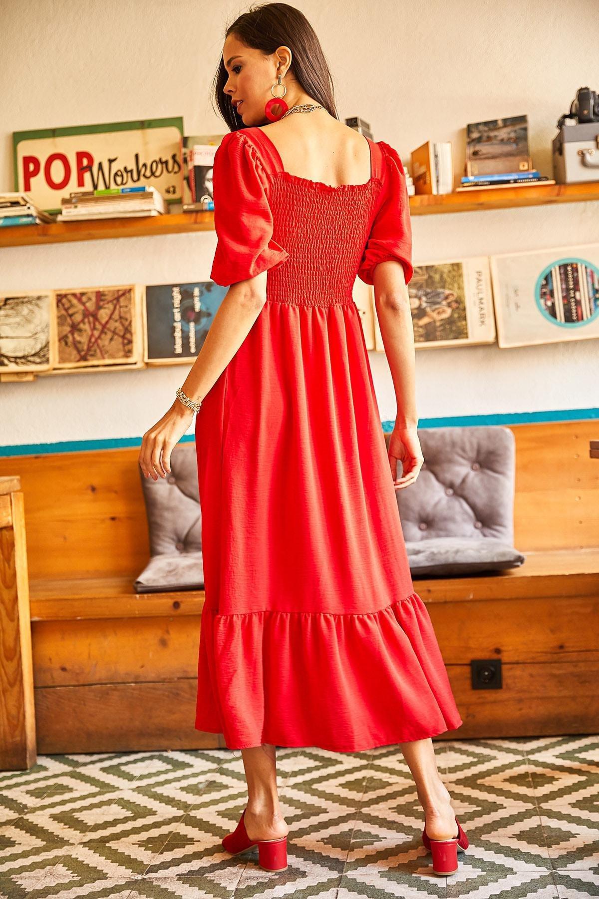 Red Top Gimped Square Neck Dress, , large image number 4