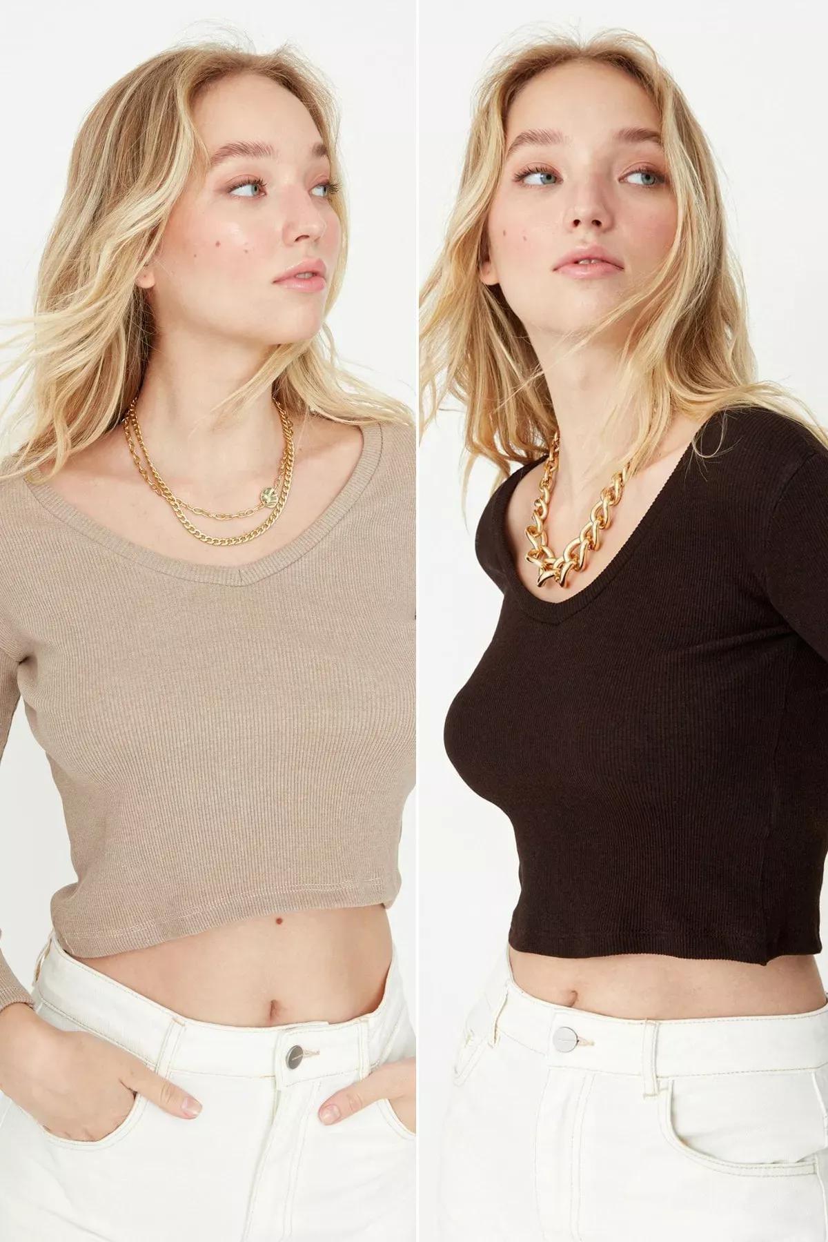 بلوزة ضيقة بفتحة رقبة V، مجموعة من قطعتين، بني, Brown, large image number 1