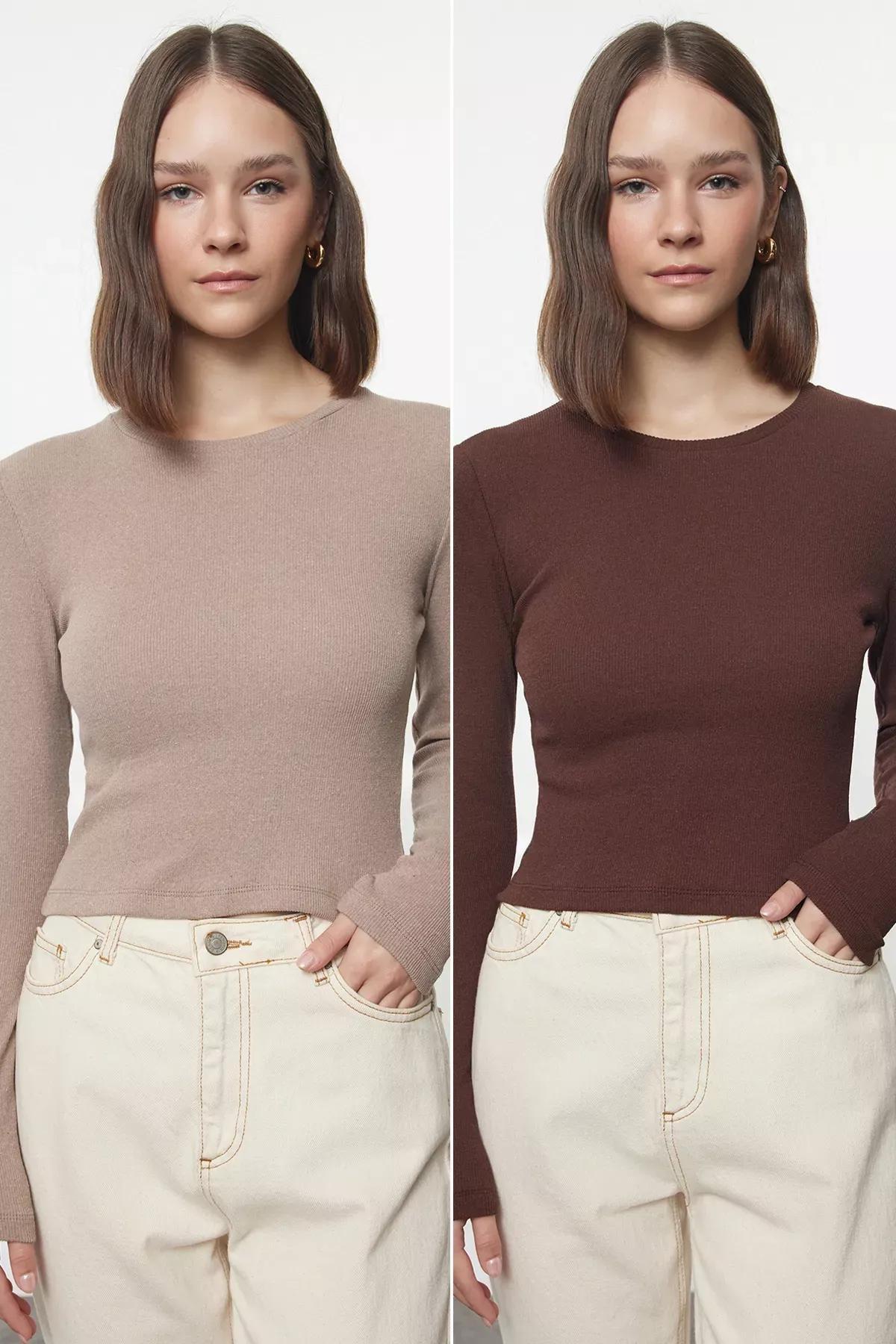 Multicolor slim blouse, set of 2, Brown, large image number 1
