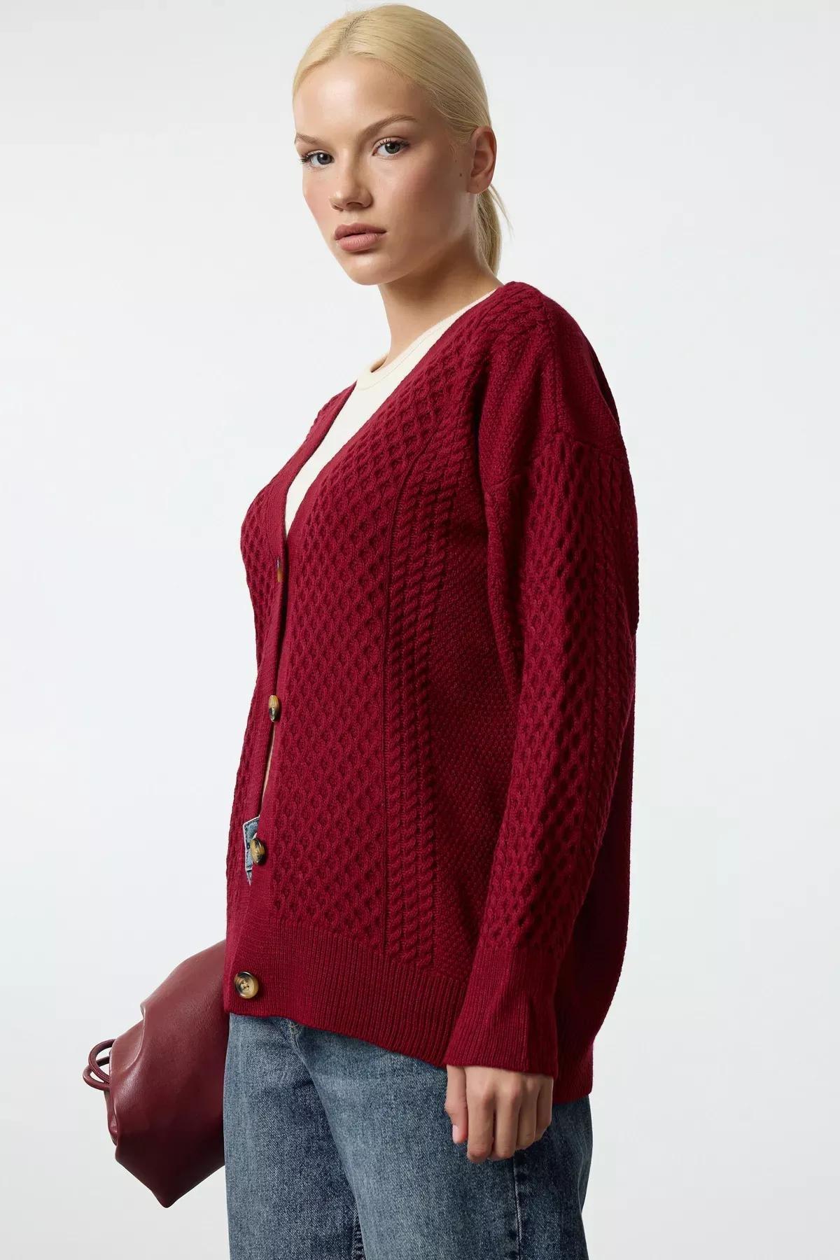 Red Wide Pattern Knit Cardigan, Burgundy, large image number 0