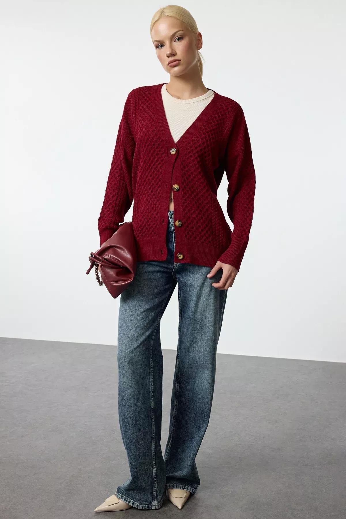 Red Wide Pattern Knit Cardigan, Burgundy, large image number 1