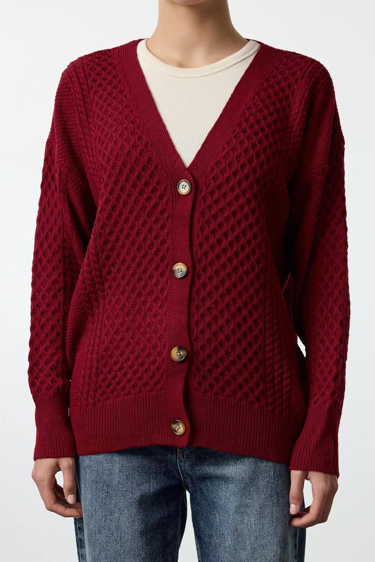 Red Wide Pattern Knit Cardigan, Burgundy, large image number 2