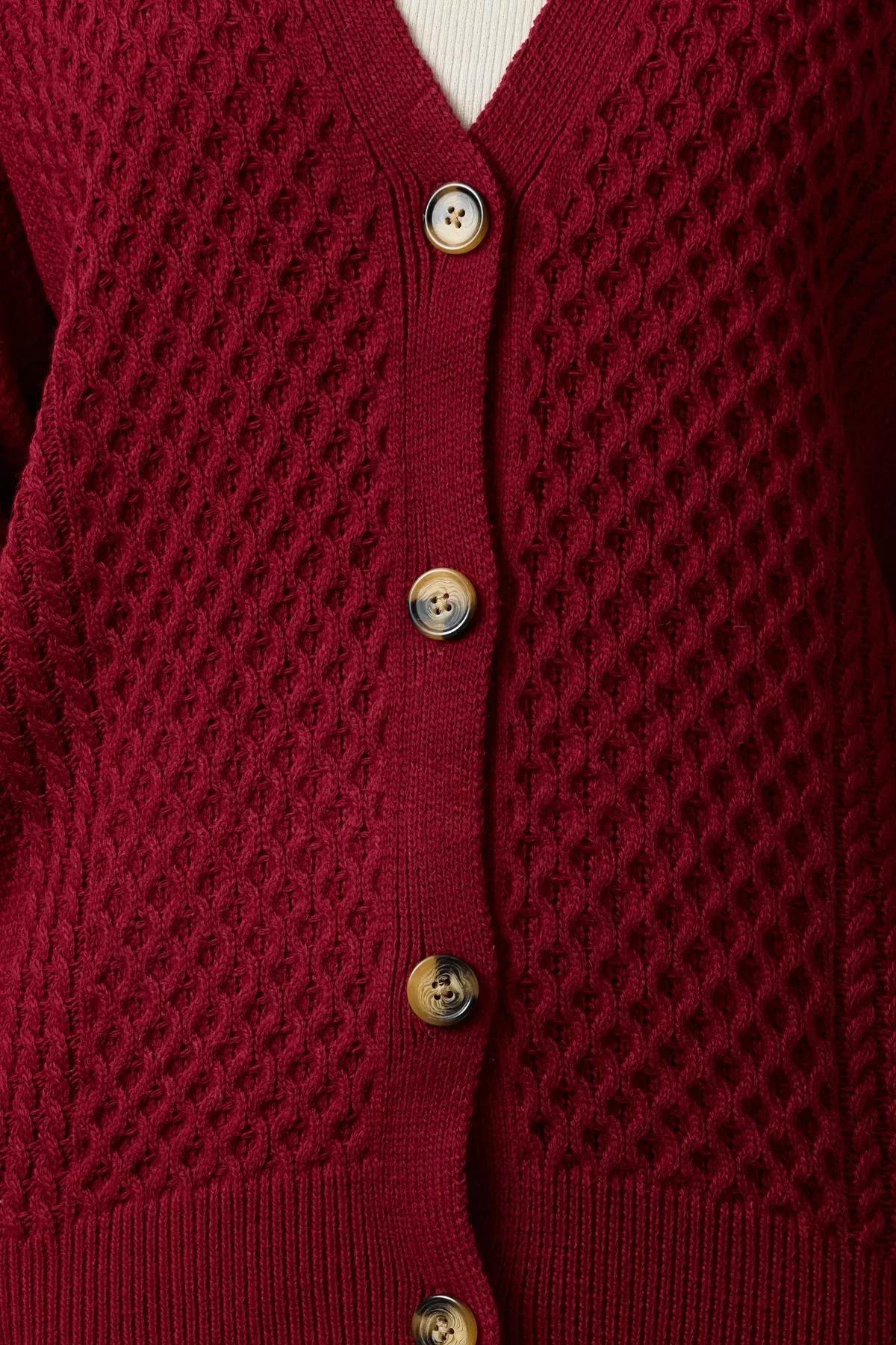 Red Wide Pattern Knit Cardigan, Burgundy, large image number 3