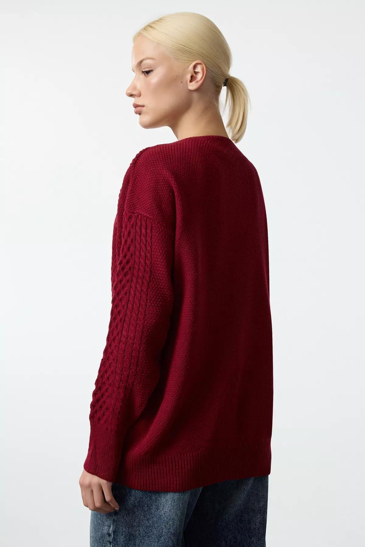 Red Wide Pattern Knit Cardigan, Burgundy, large image number 4
