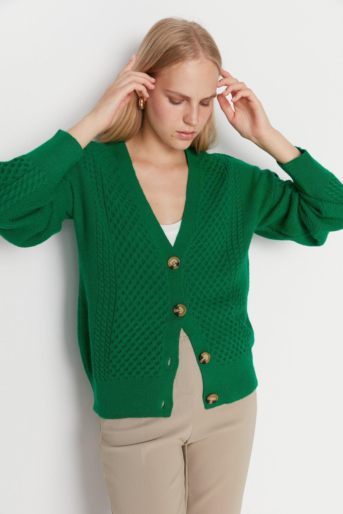 Green V Neck Cardigan, , large image number 0