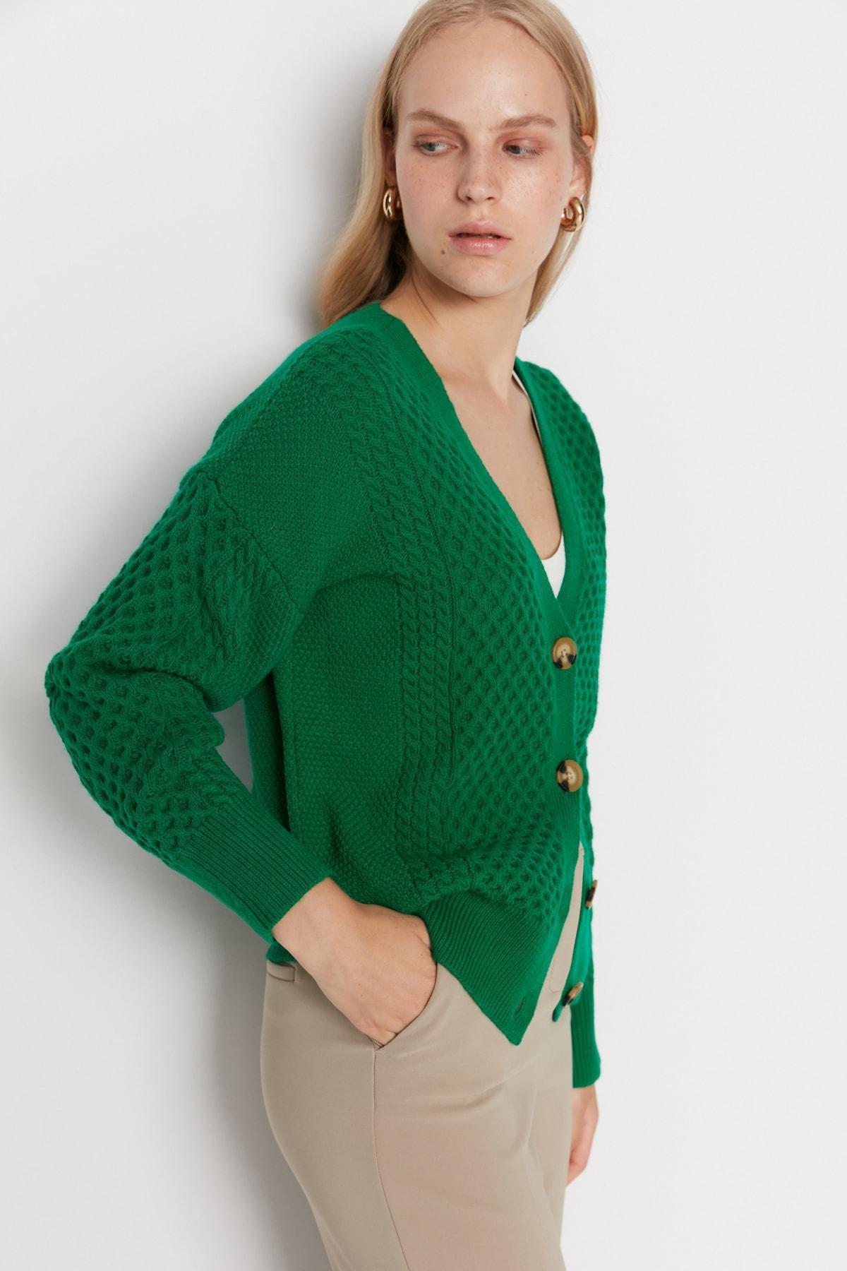 Green V Neck Cardigan, , large image number 1