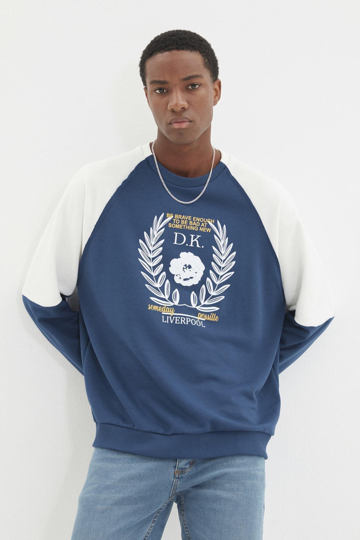 Navy Printed Crew Neck Sweatshirt, , large image number 0