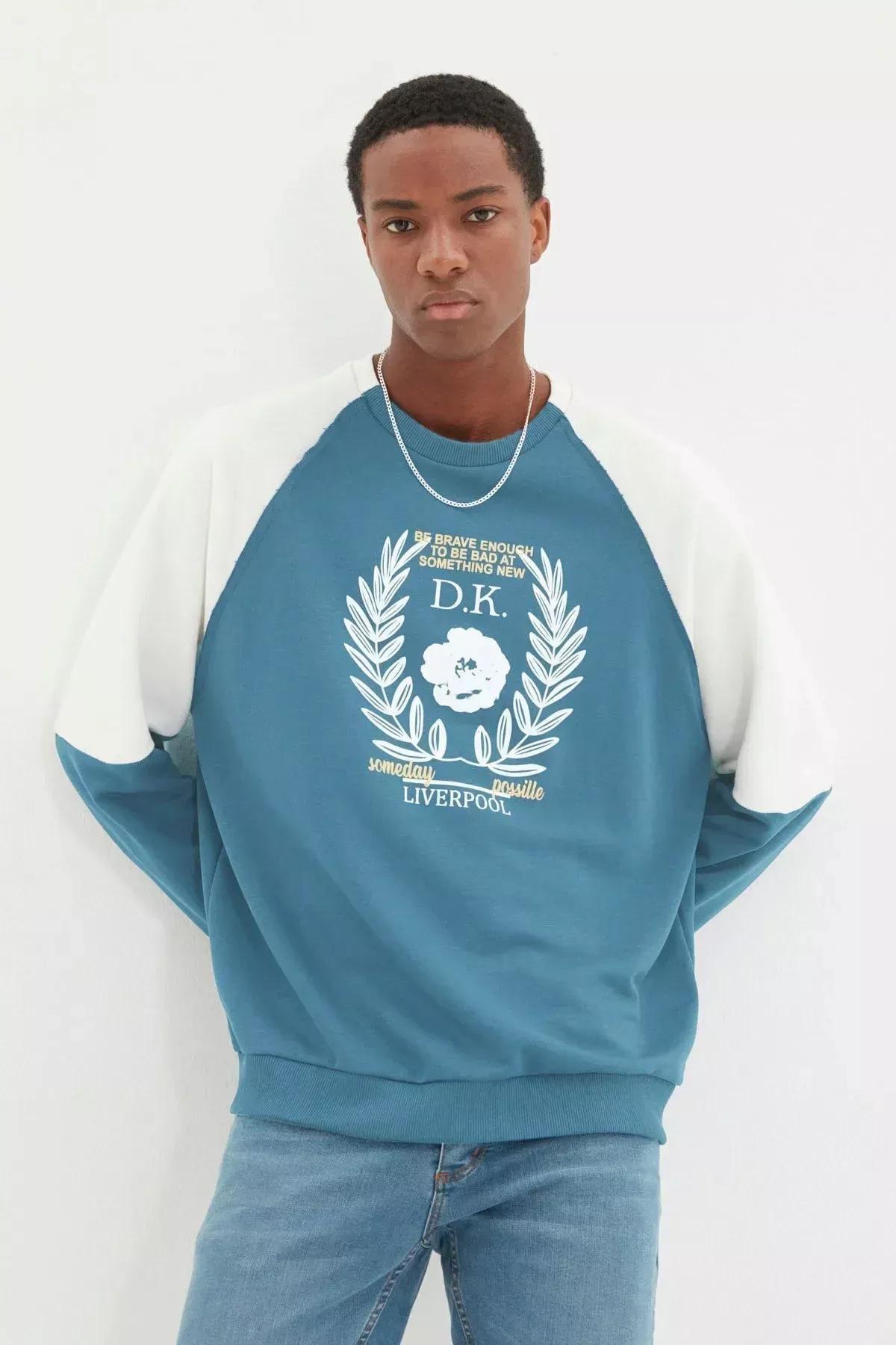 Navy Printed Crew Neck Sweatshirt, , large image number 0
