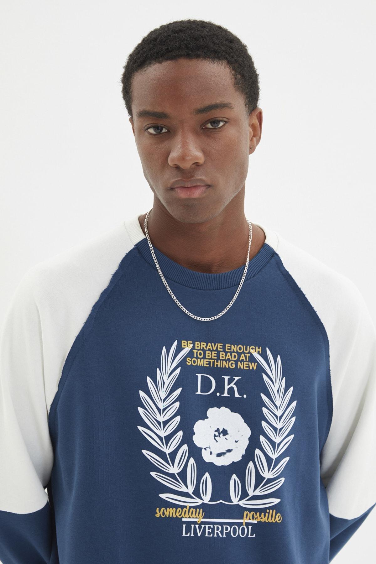 Navy Printed Crew Neck Sweatshirt, , large image number 1