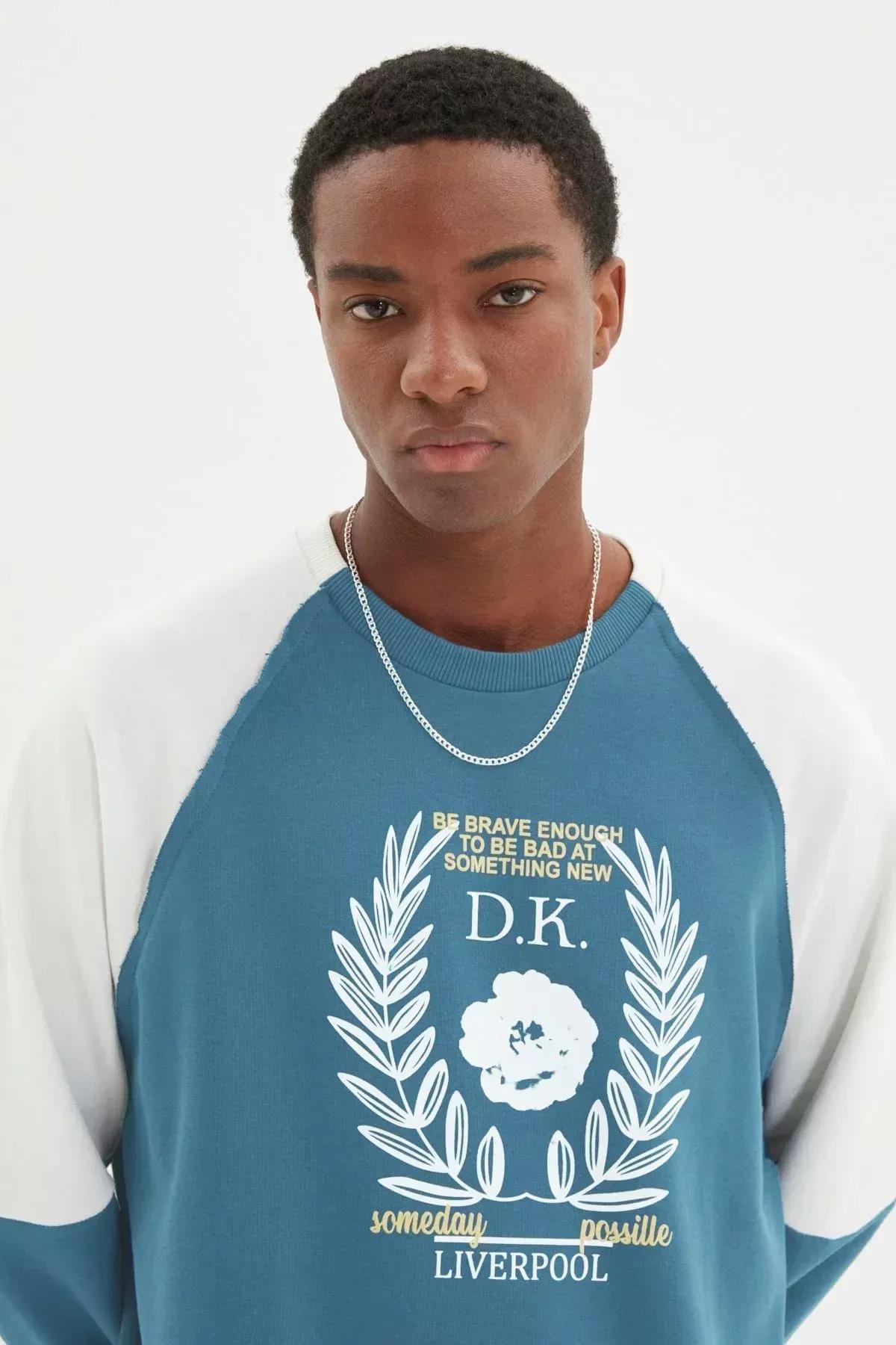 Navy Printed Crew Neck Sweatshirt, , large image number 2