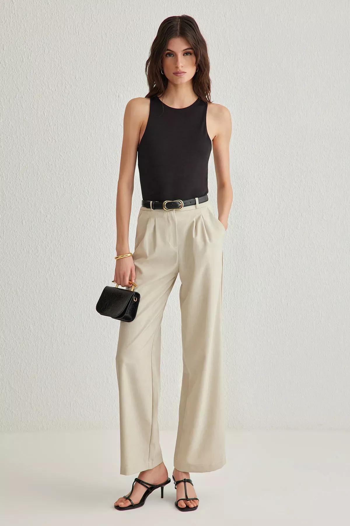 Beige Wide Pleated Leg Trousers, C101_1653, large image number 0