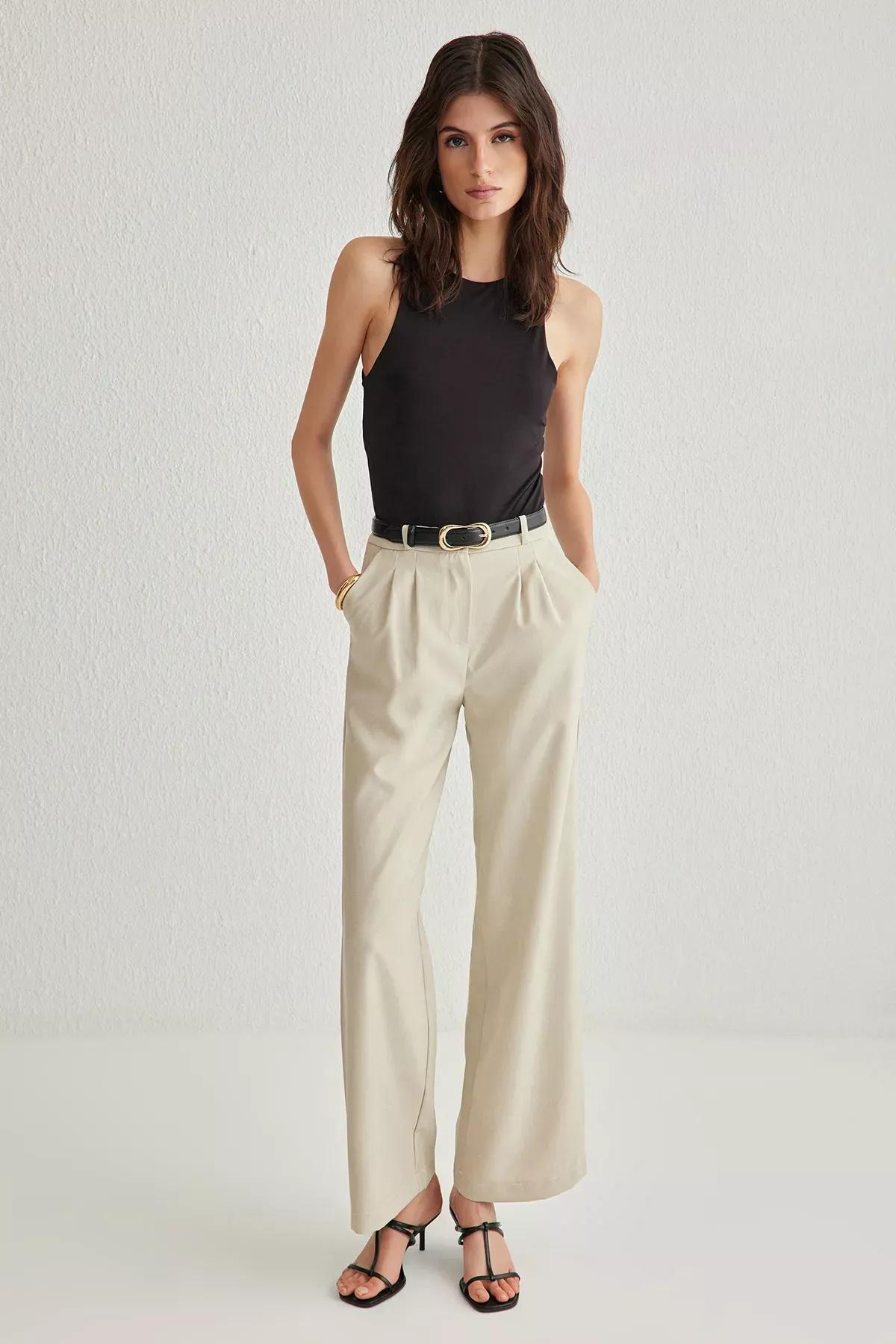 Beige Wide Pleated Leg Trousers, C101_1653, large image number 1