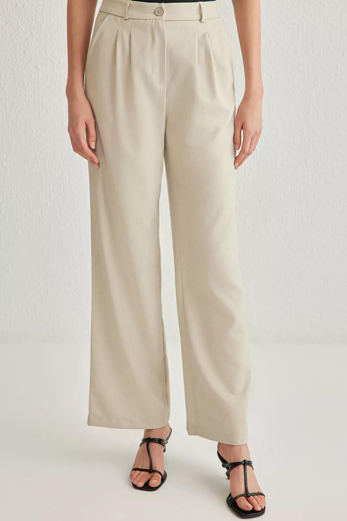 Beige Wide Pleated Leg Trousers, C101_1653, large image number 2