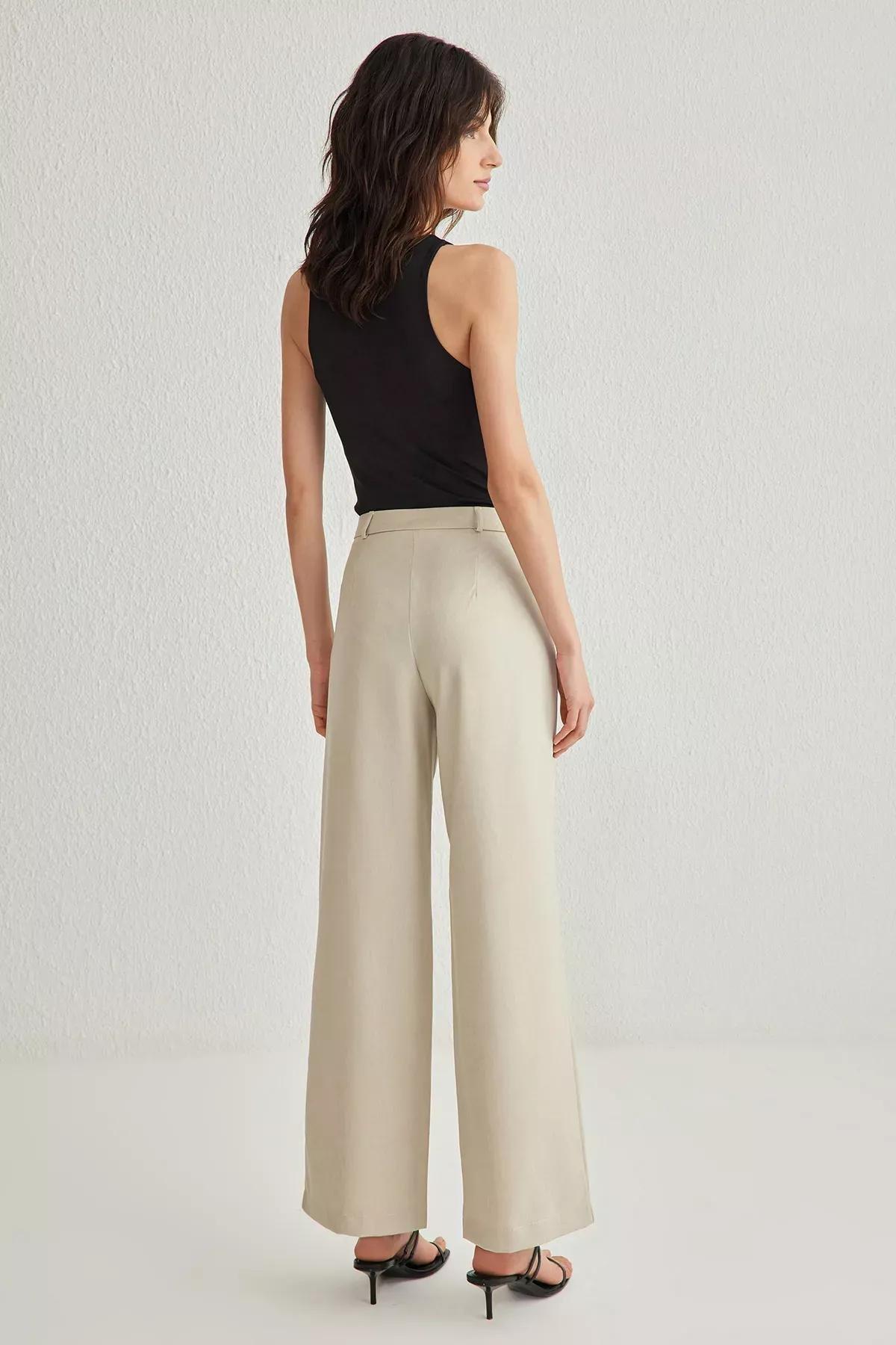 Beige Wide Pleated Leg Trousers, C101_1653, large image number 4