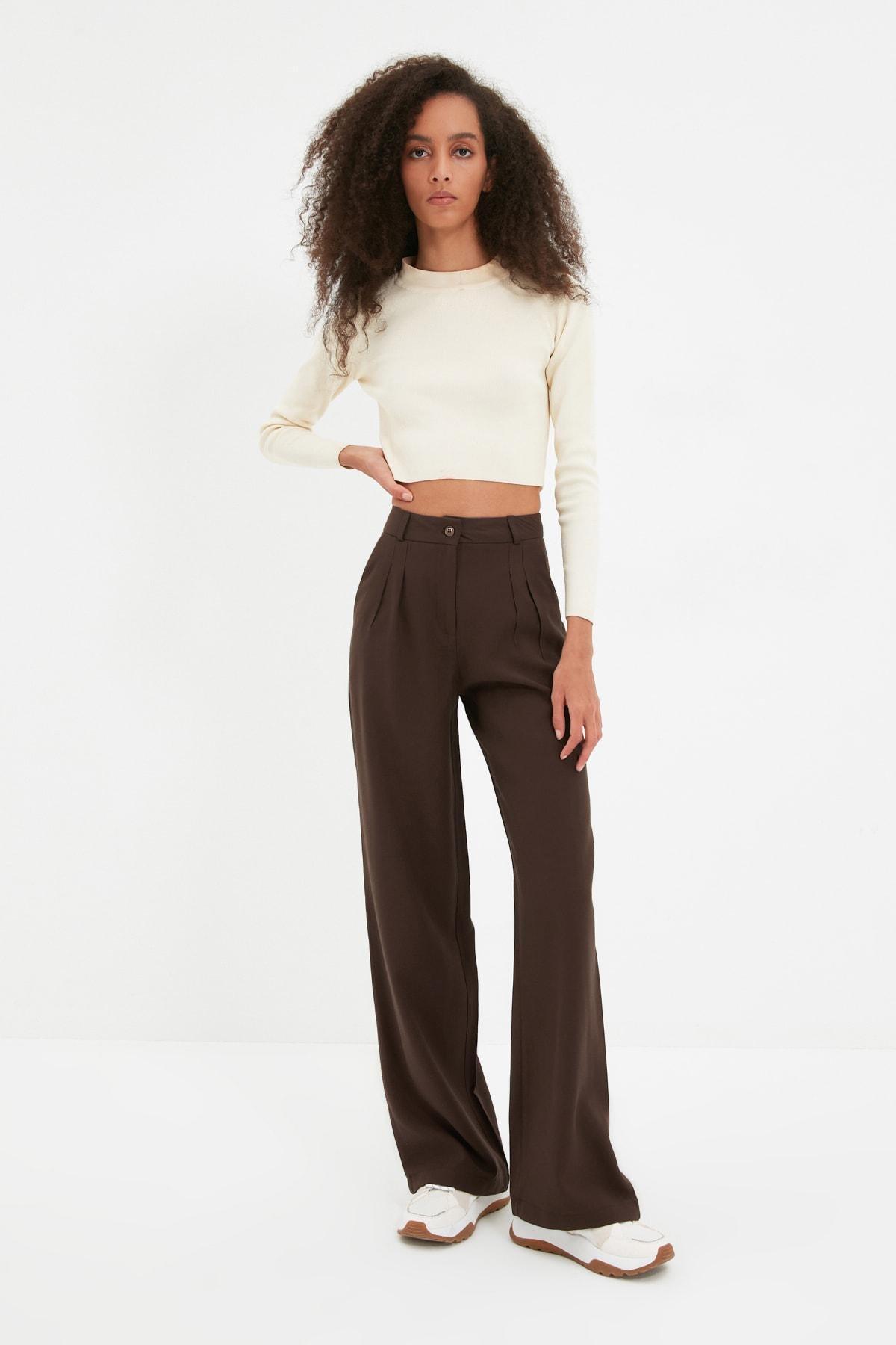 Brown Wide Leg Mid Waist Pants, Brown, medium