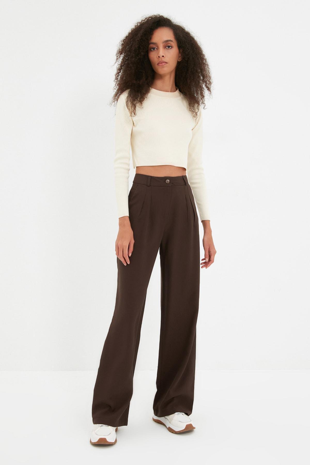 Brown Wide Leg Mid Waist Pants, , large image number 1
