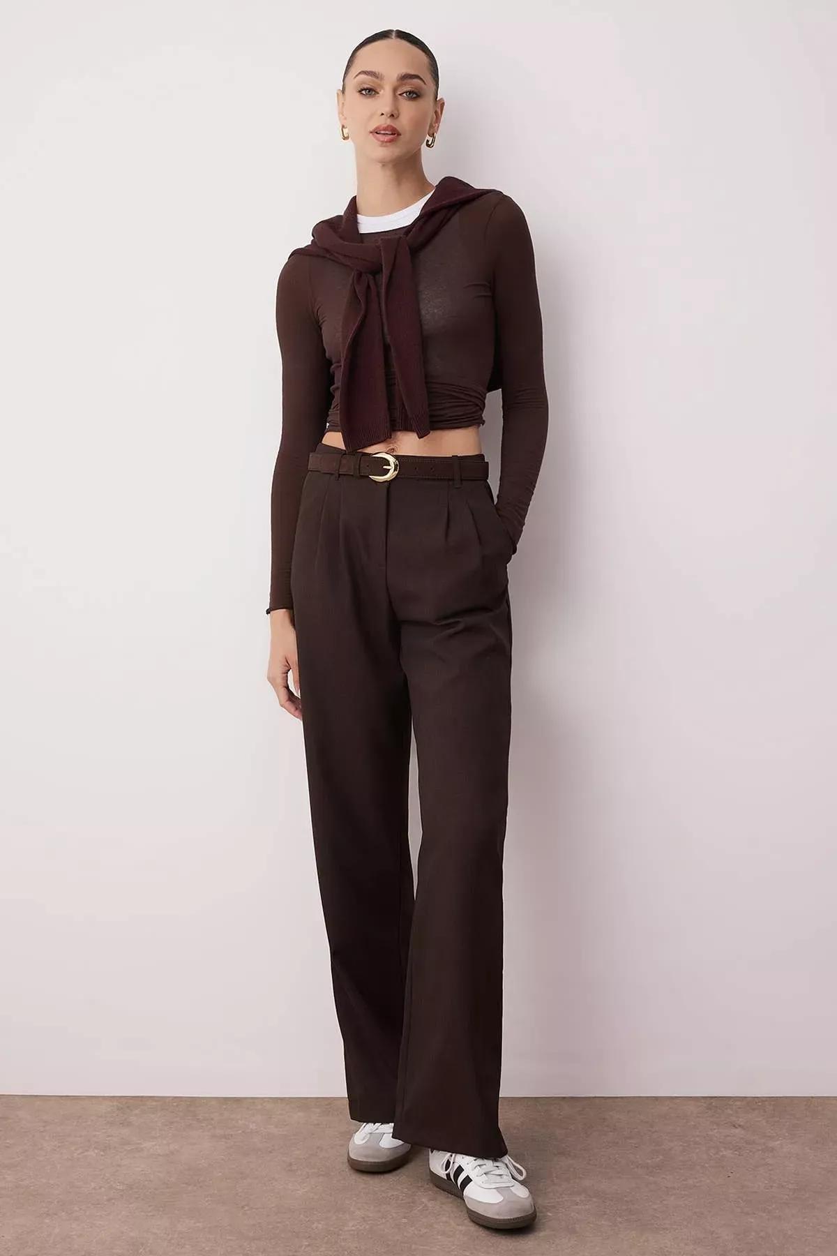 Brown Wide Leg Mid Waist Pants, , large image number 1