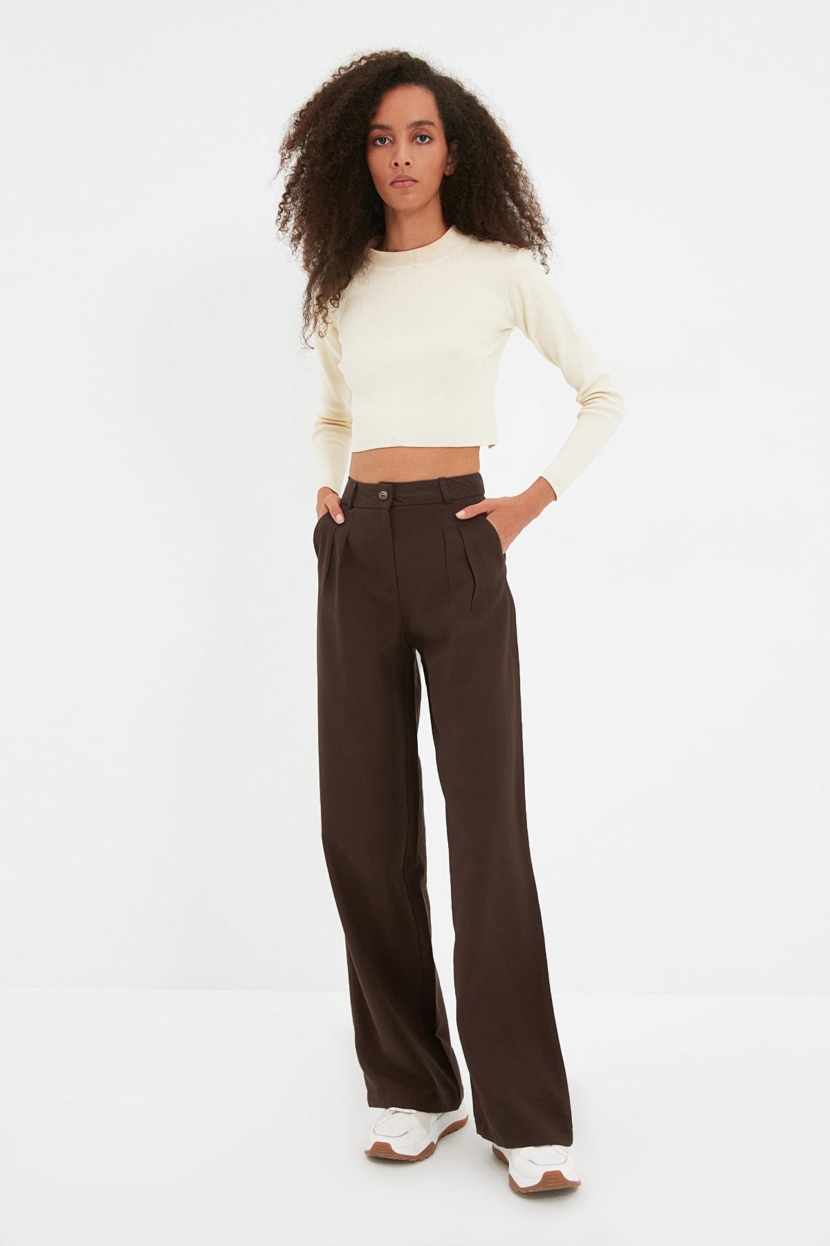 Brown Wide Leg Mid Waist Pants, , large image number 2