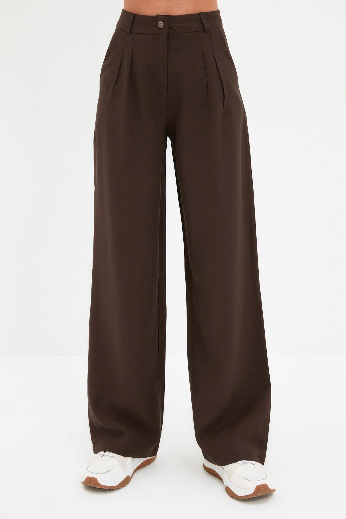 Brown Wide Leg Mid Waist Pants, , large image number 3