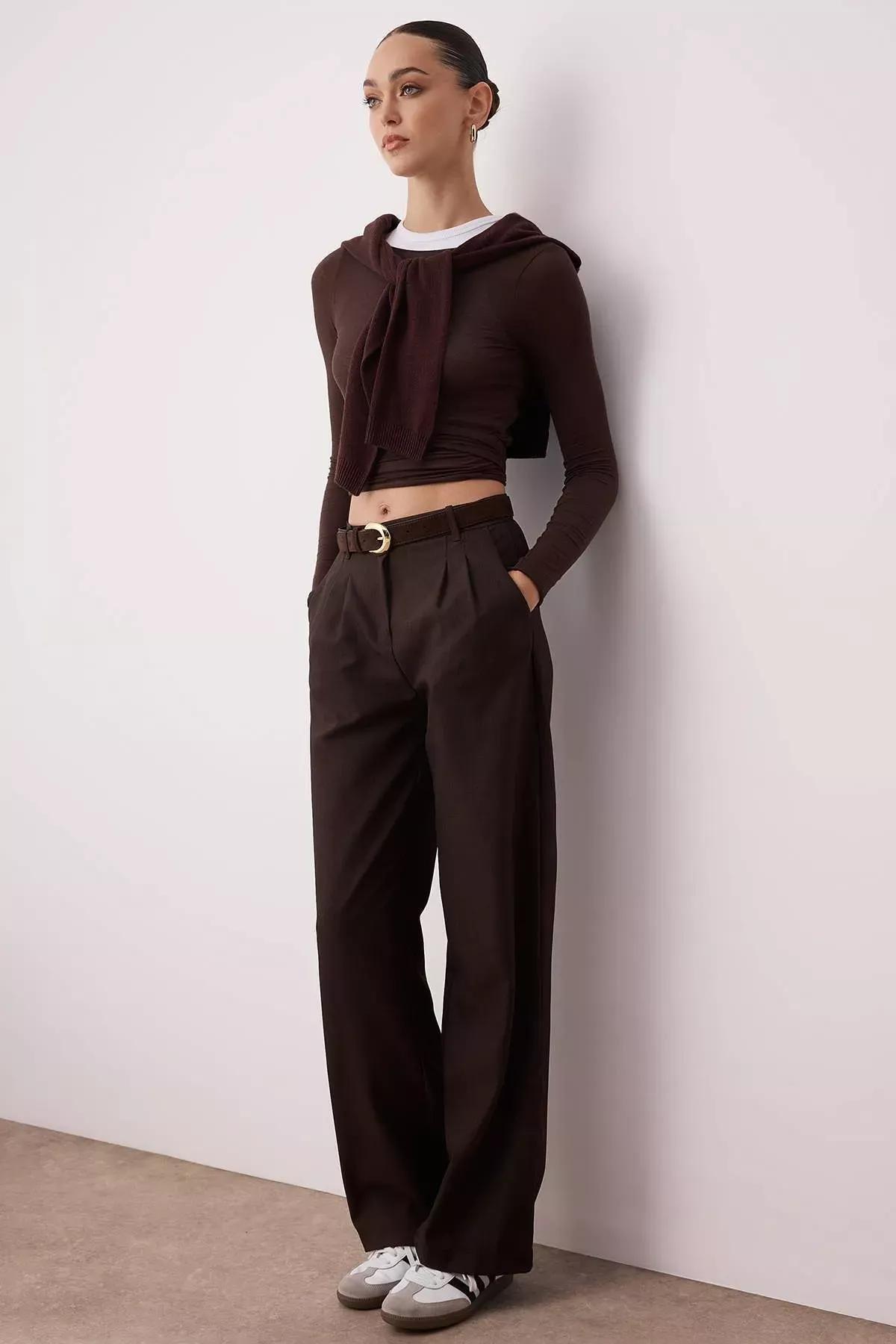 Brown Wide Leg Mid Waist Pants, Brown, large image number 3