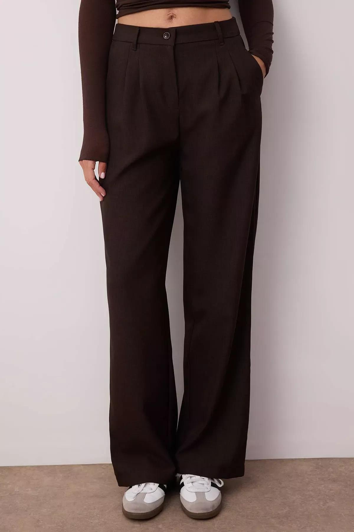 Brown Wide Leg Mid Waist Pants, Brown, large image number 4