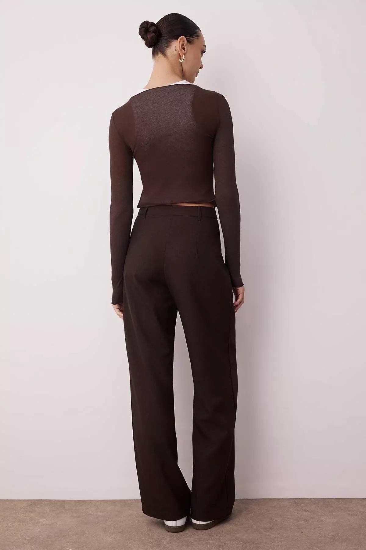 Brown Wide Leg Mid Waist Pants, , large image number 5