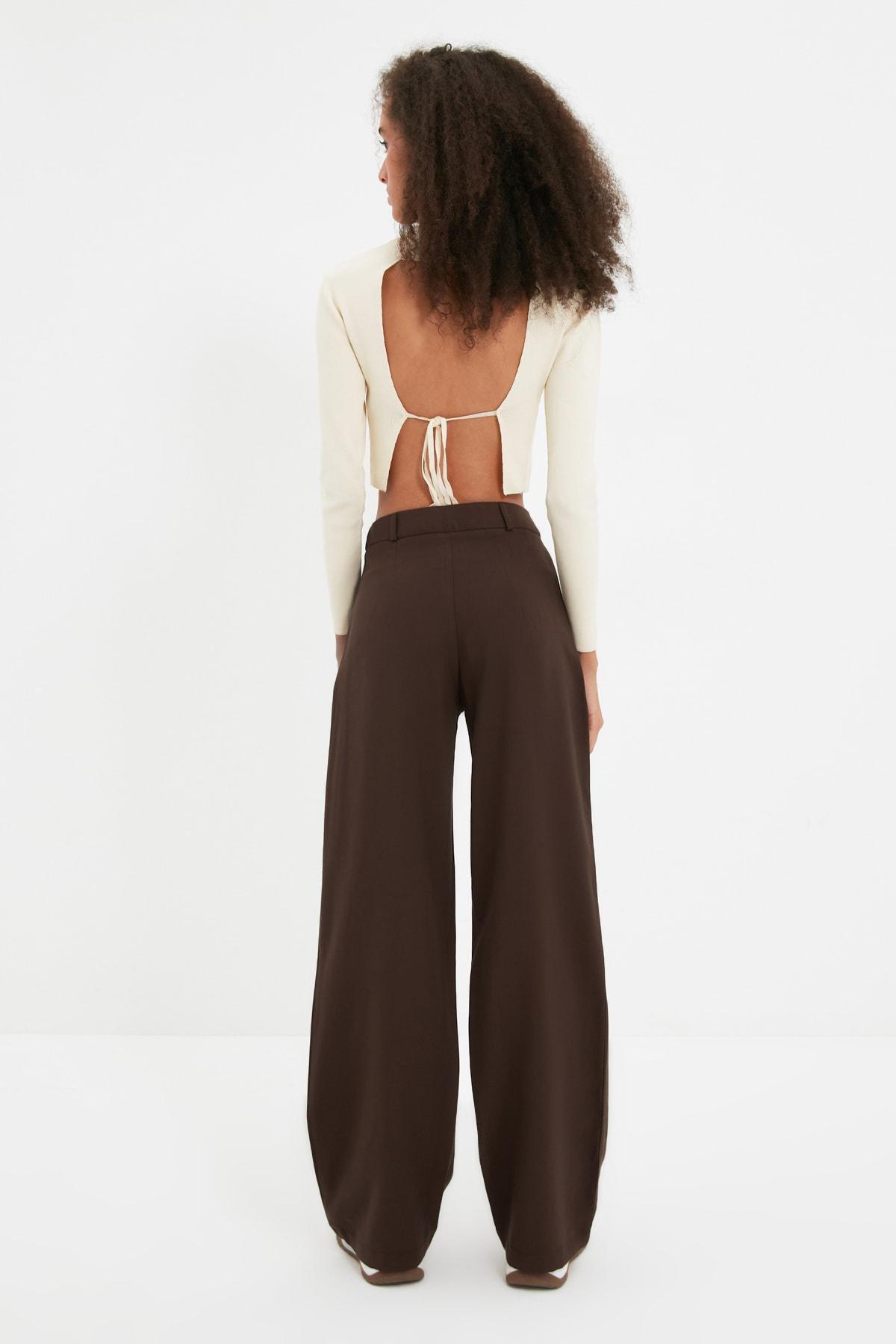 Brown Wide Leg Mid Waist Pants, Brown, large image number 6