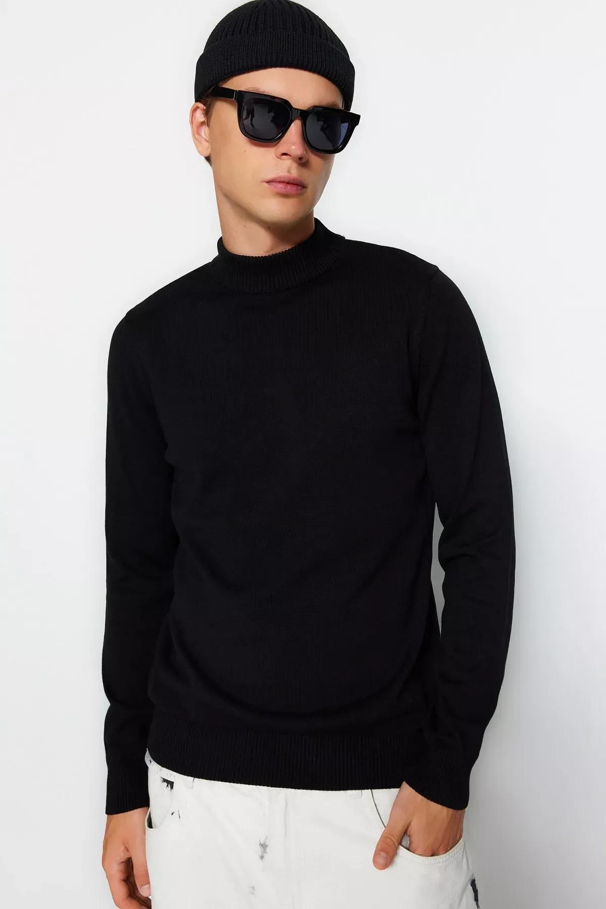 Black Slim Half Turtleneck Cotton Sweater, Black, medium