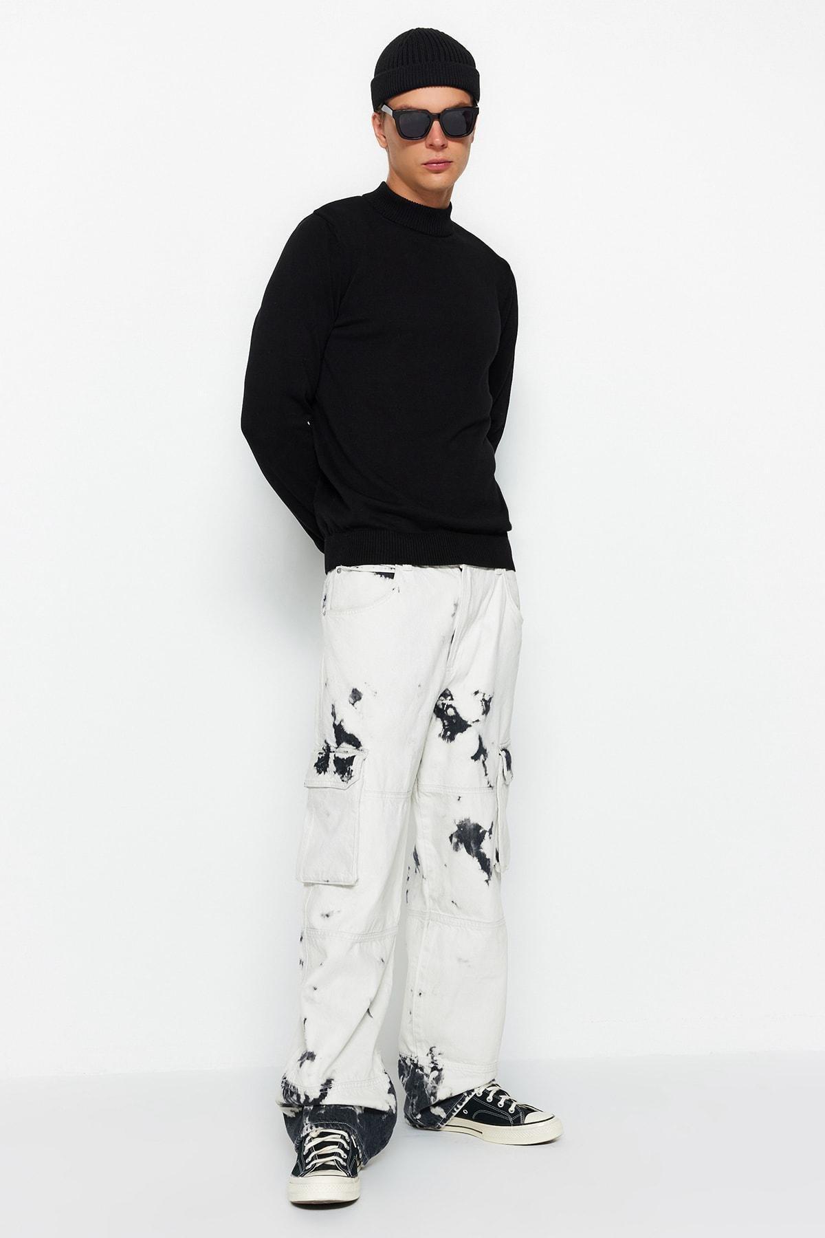 Black Slim Half Turtleneck Cotton Sweater, Black, medium