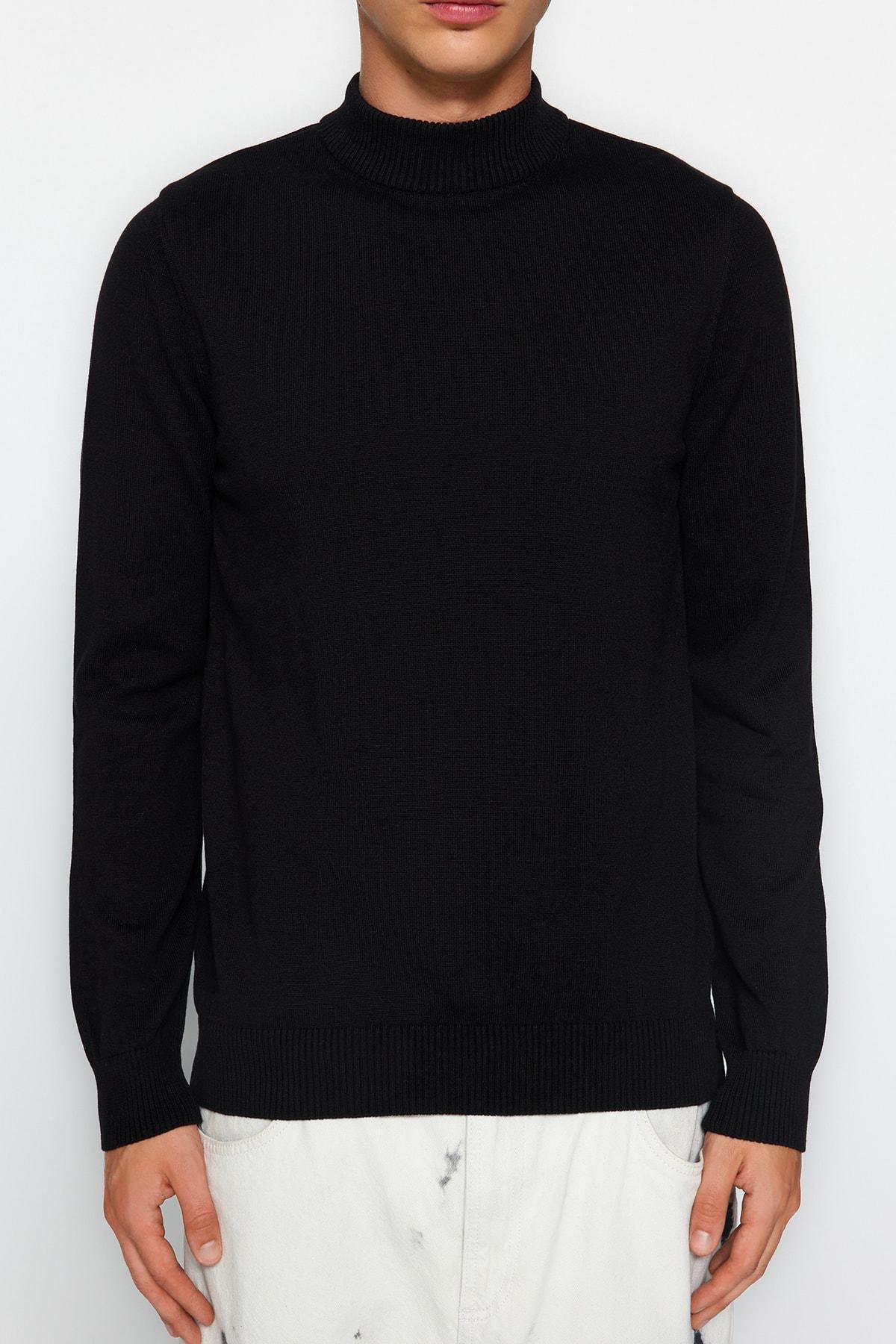 Black Slim Half Turtleneck Cotton Sweater, Black, medium