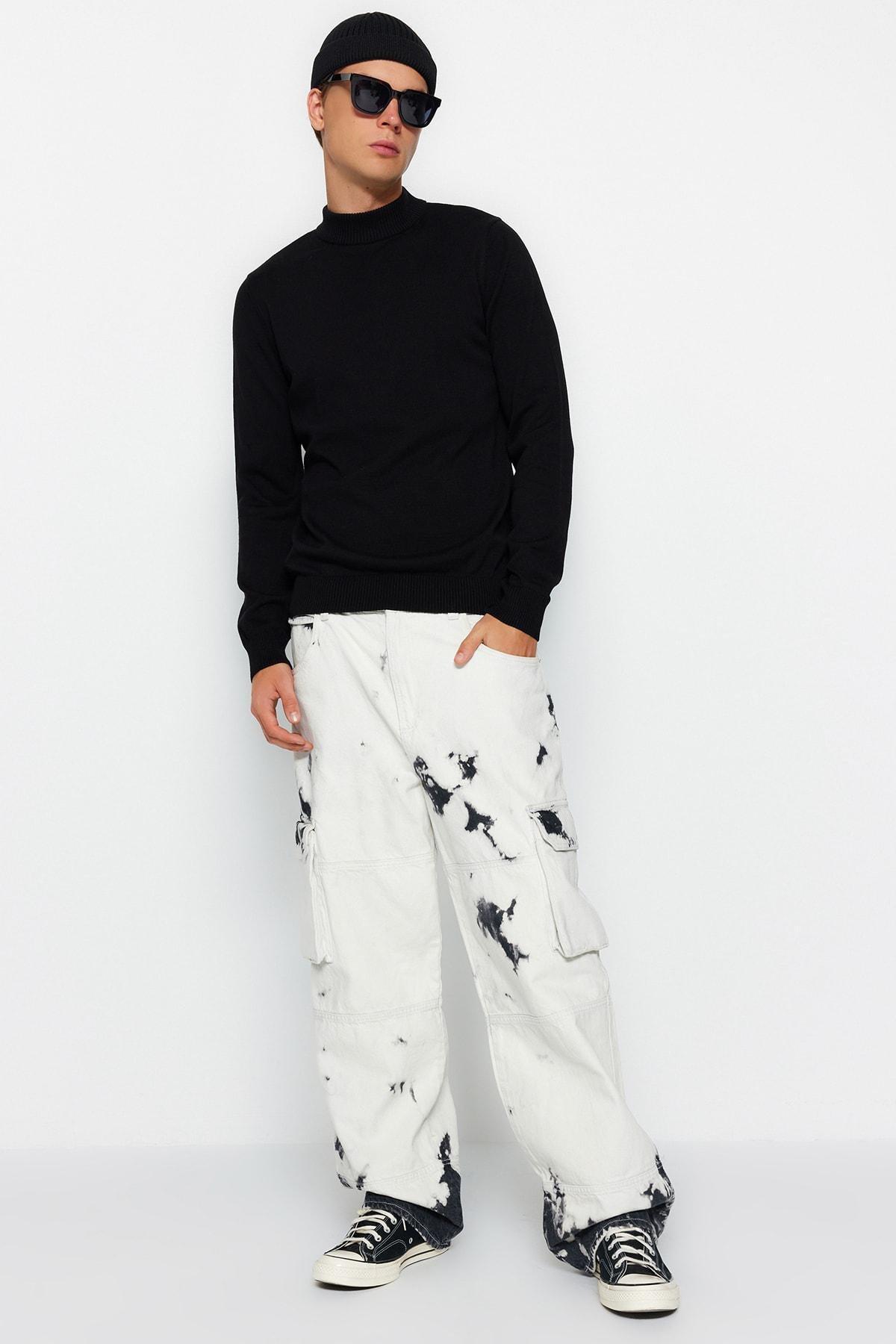 Black Slim Half Turtleneck Cotton Sweater, Black, large image number 4